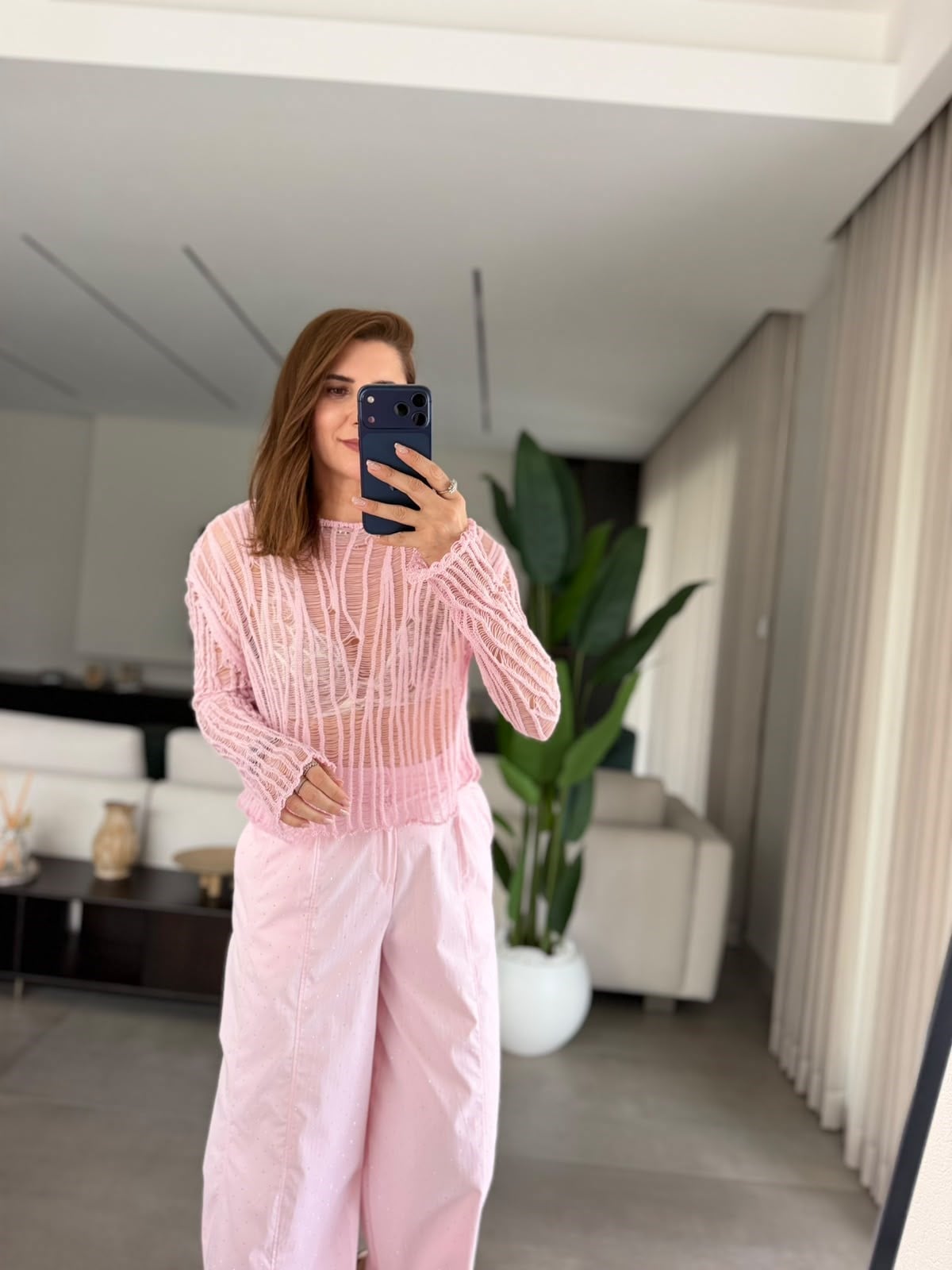 Pembe Ajurlu Triko Bluz