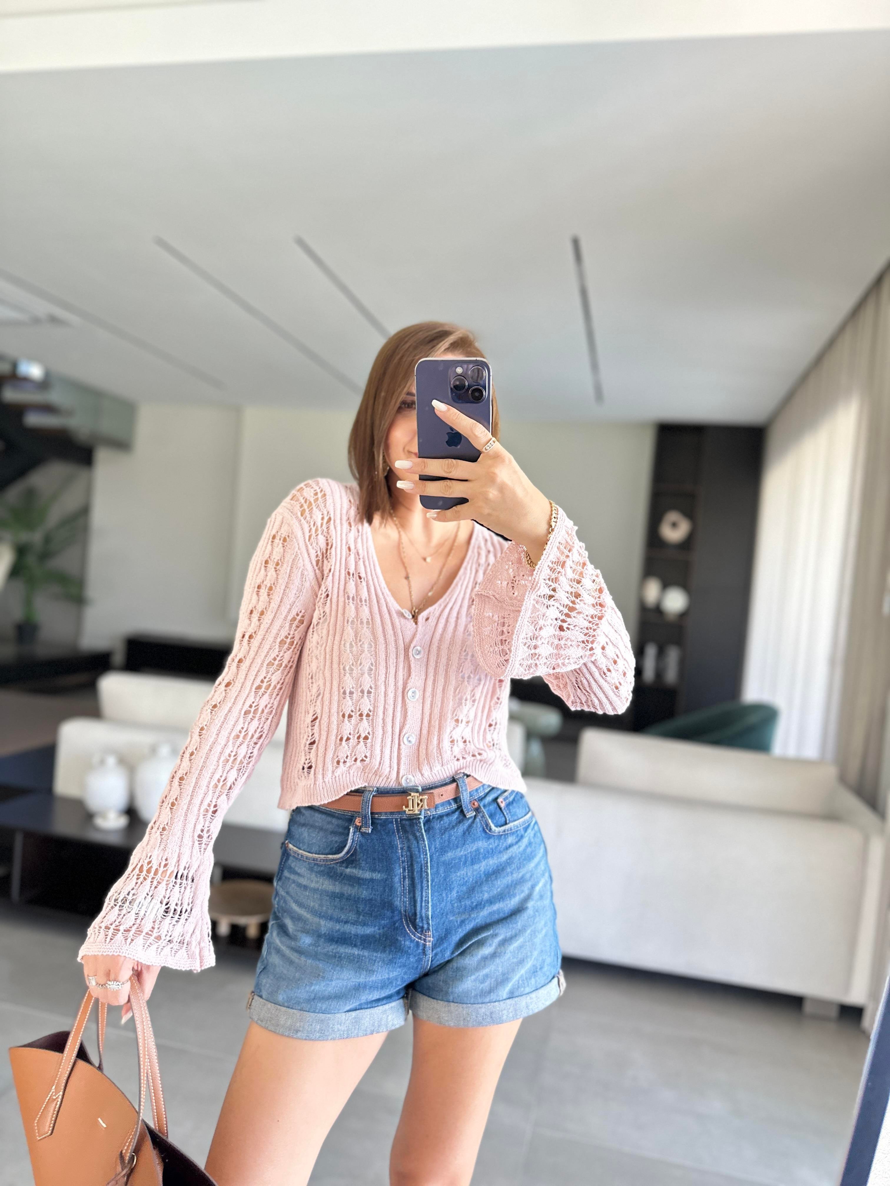 Pembe Ajurlu V Yaka Hırka