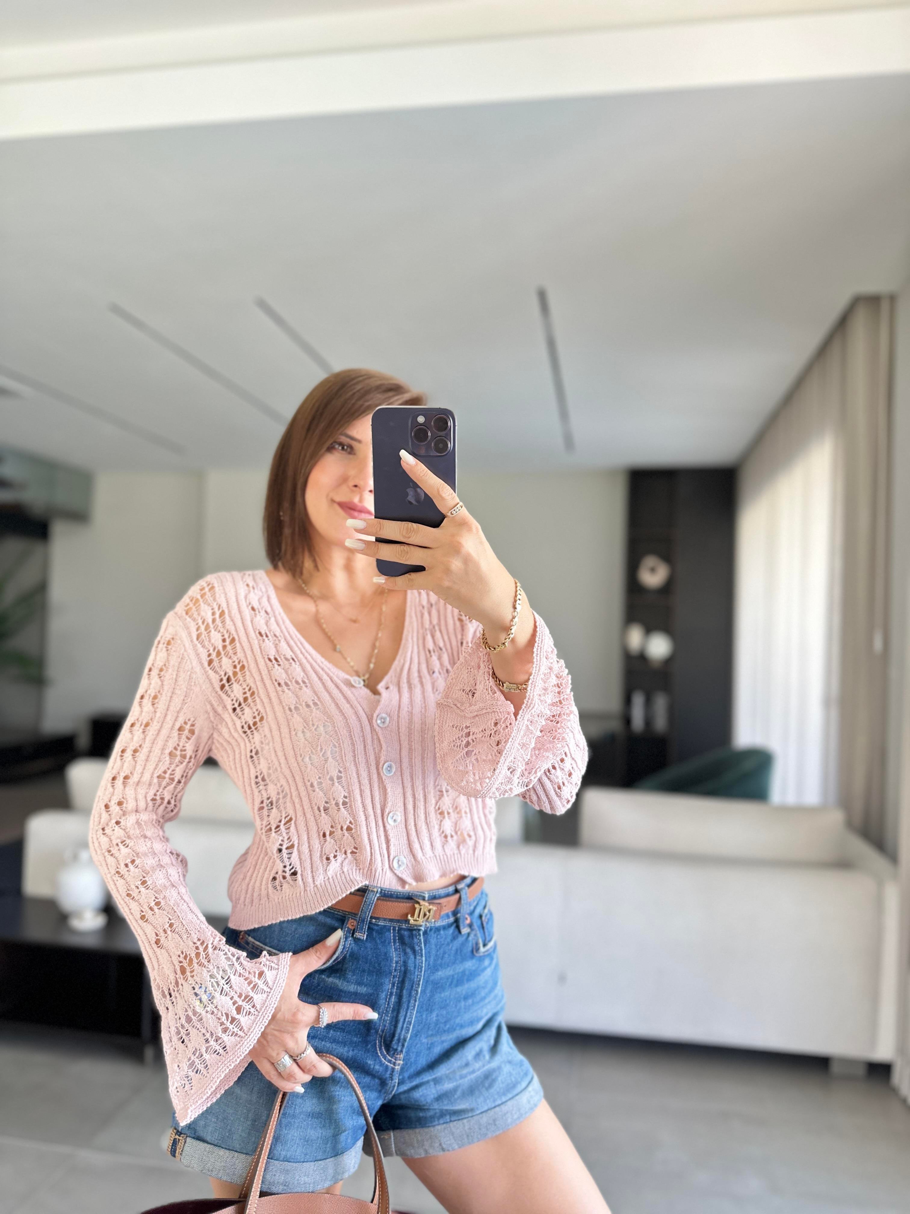 Pembe Ajurlu V Yaka Hırka