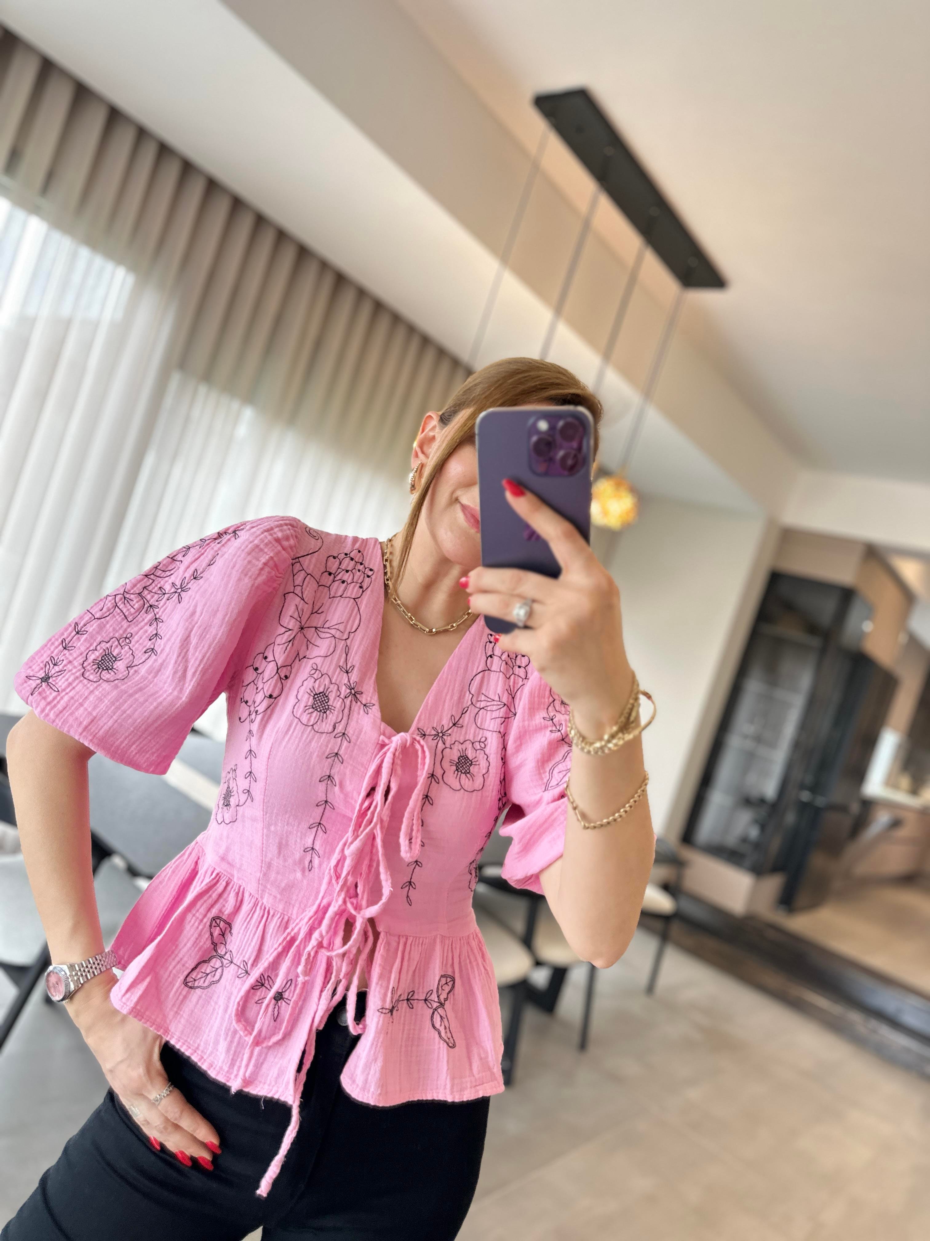 Pembe Bağlamalı Nakışlı Etnik Ceket