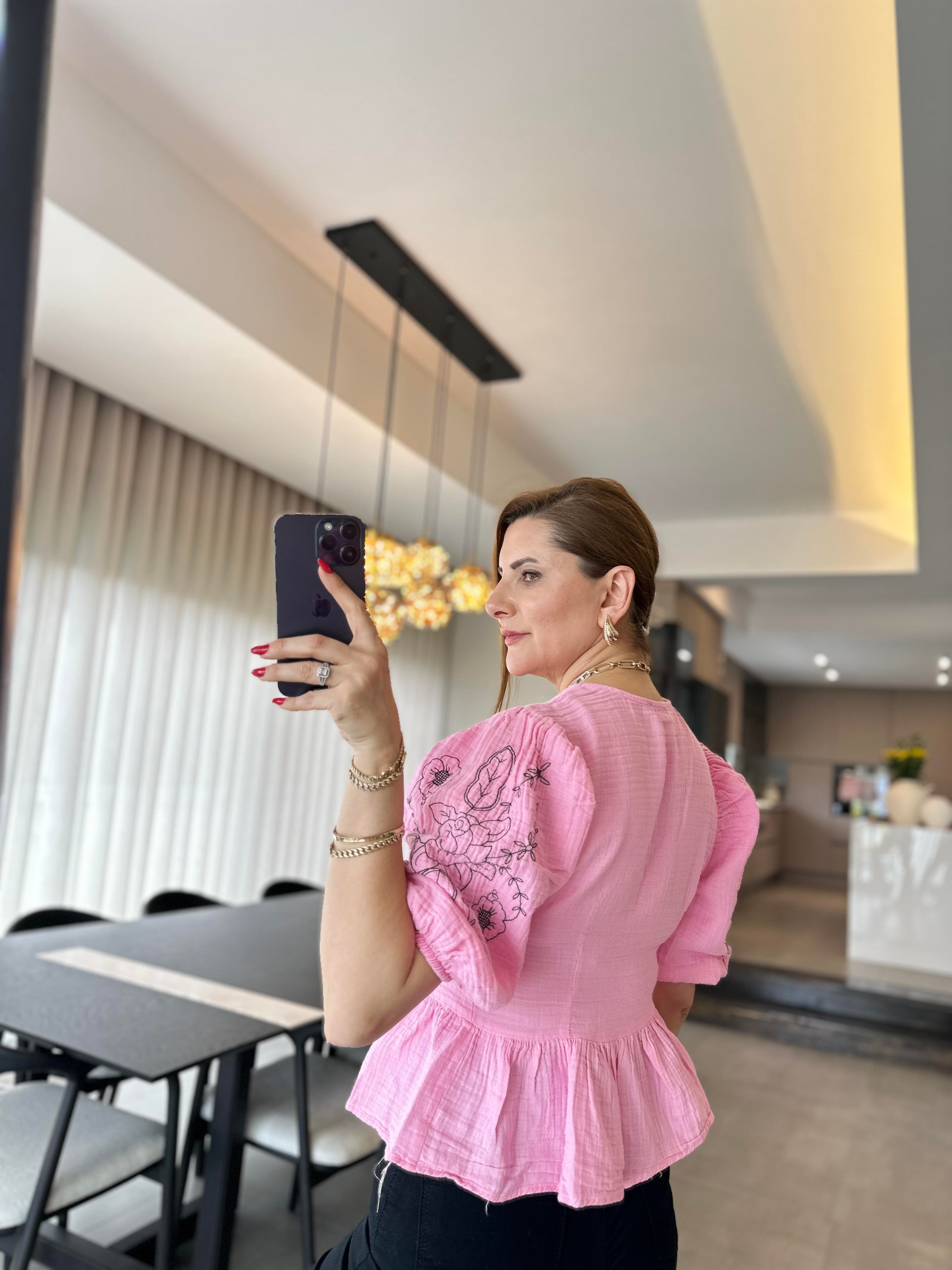 Pembe Bağlamalı Nakışlı Etnik Ceket
