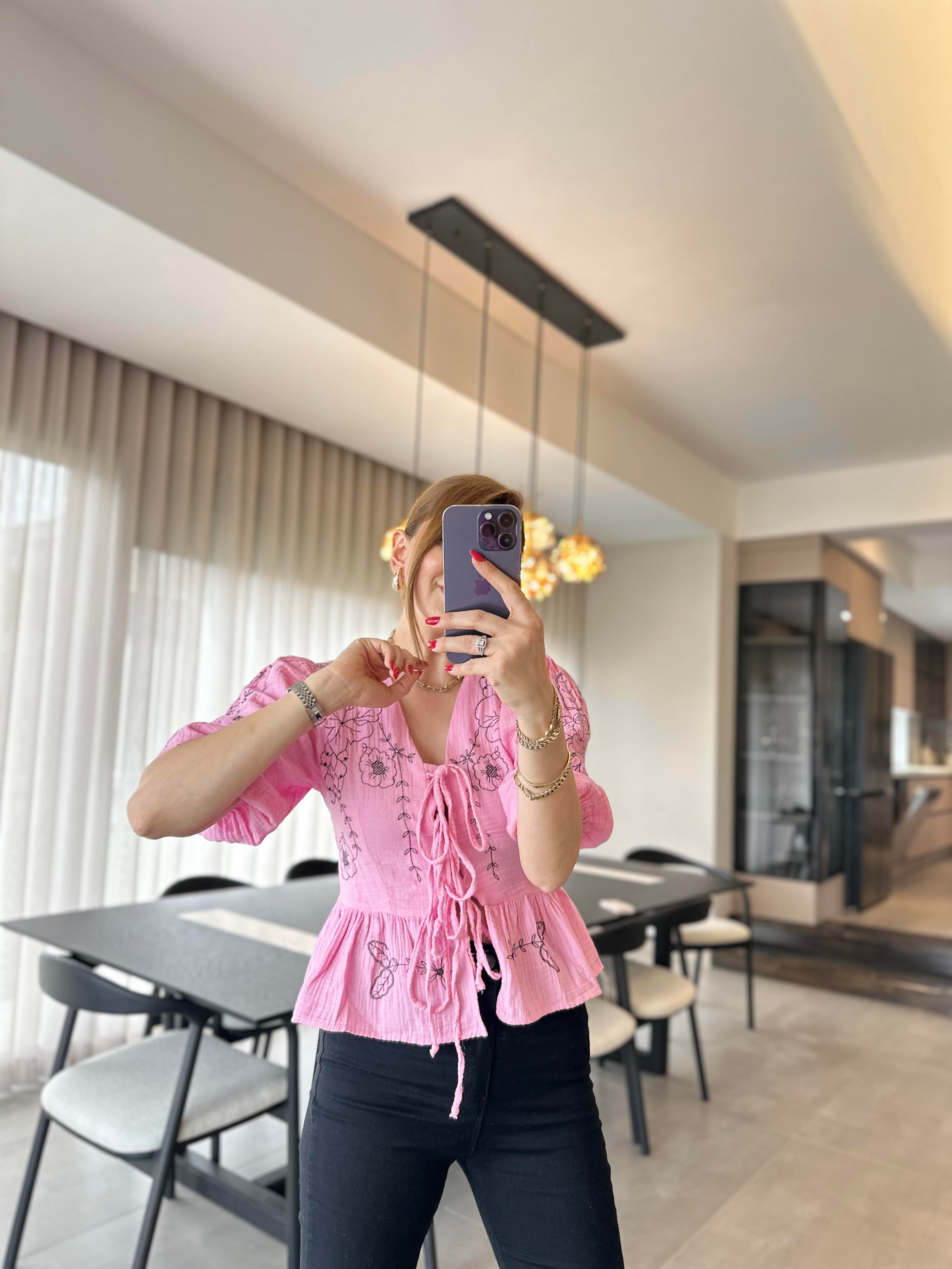 Pembe Bağlamalı Nakışlı Etnik Ceket