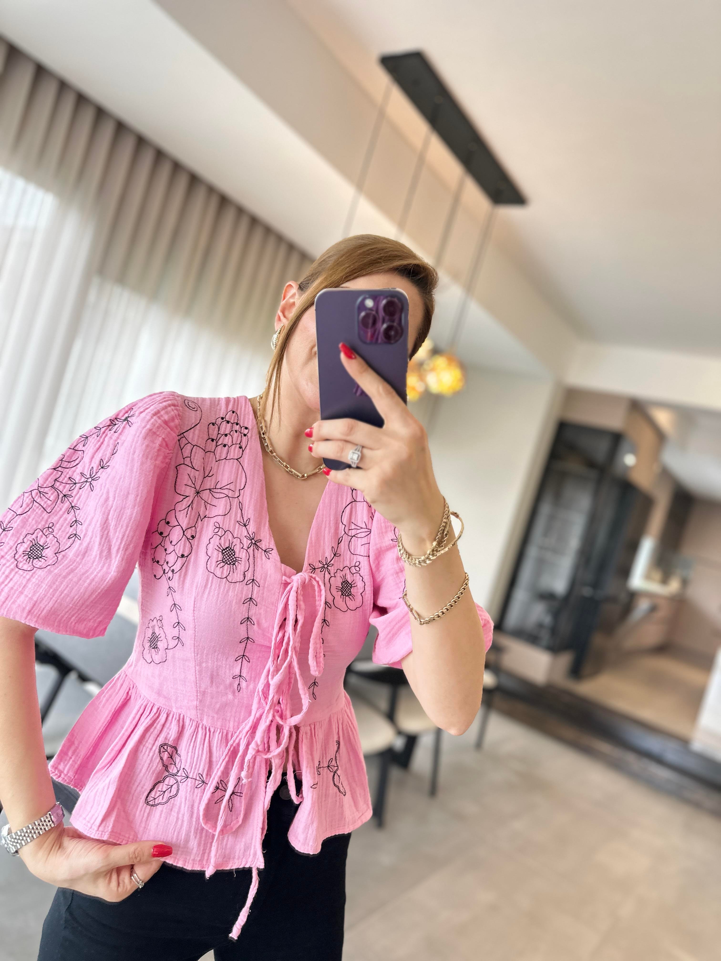 Pembe Bağlamalı Nakışlı Etnik Ceket