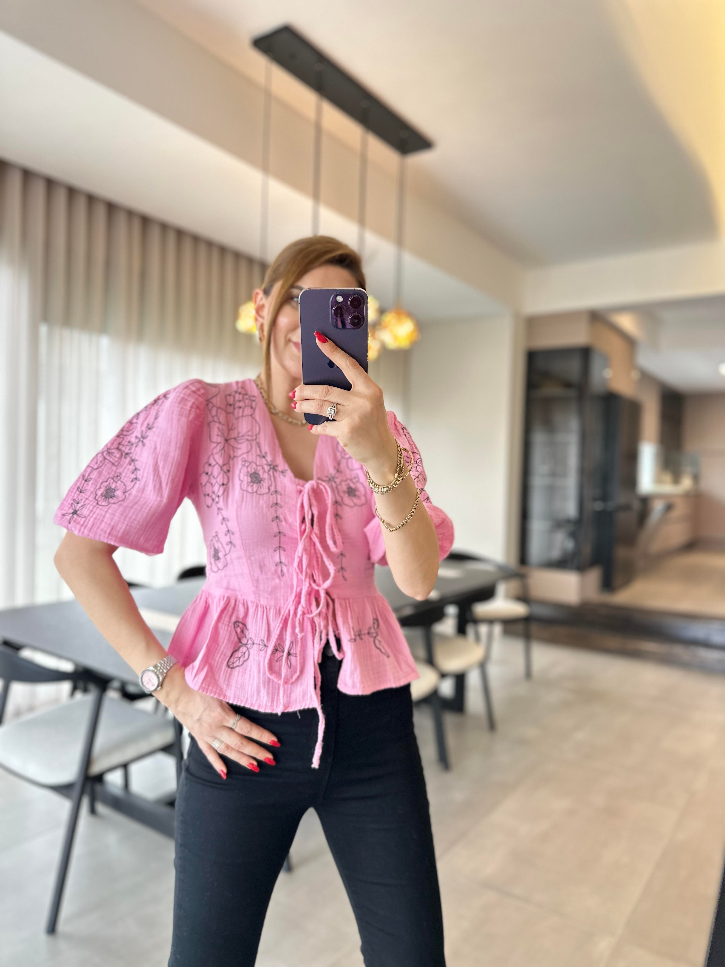 Pembe Bağlamalı Nakışlı Etnik Ceket