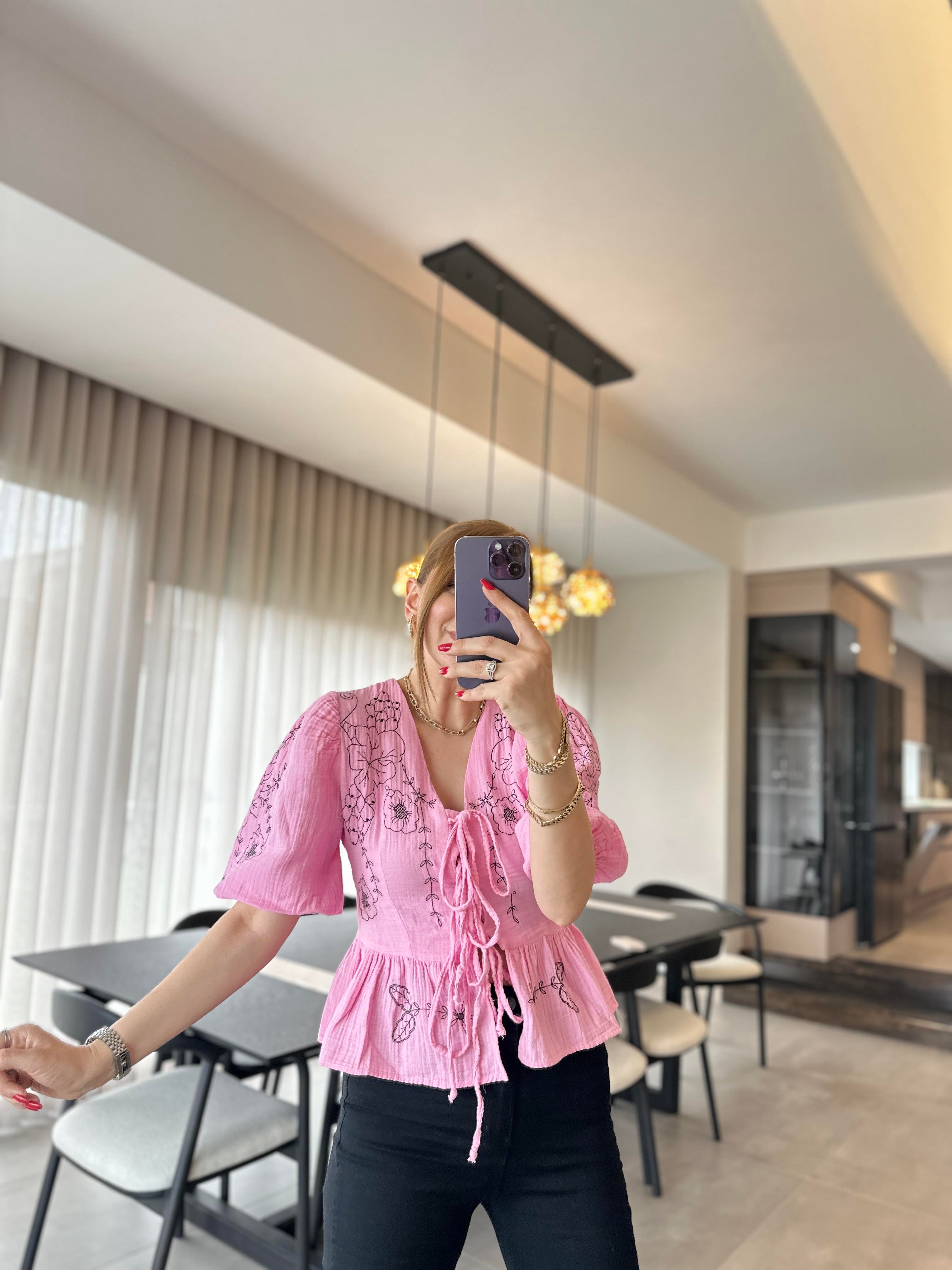 Pembe Bağlamalı Nakışlı Etnik Ceket