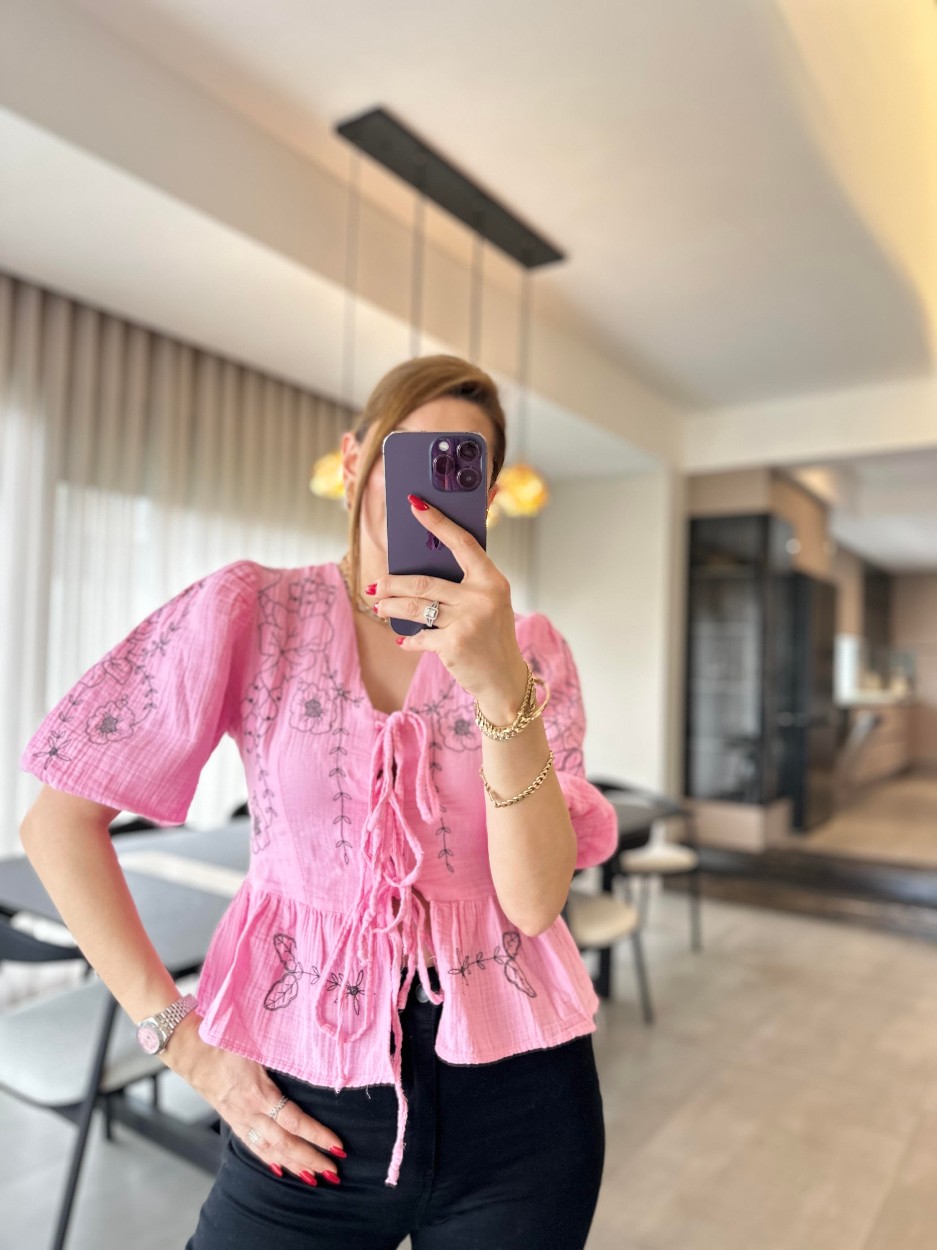 Pembe Bağlamalı Nakışlı Etnik Ceket