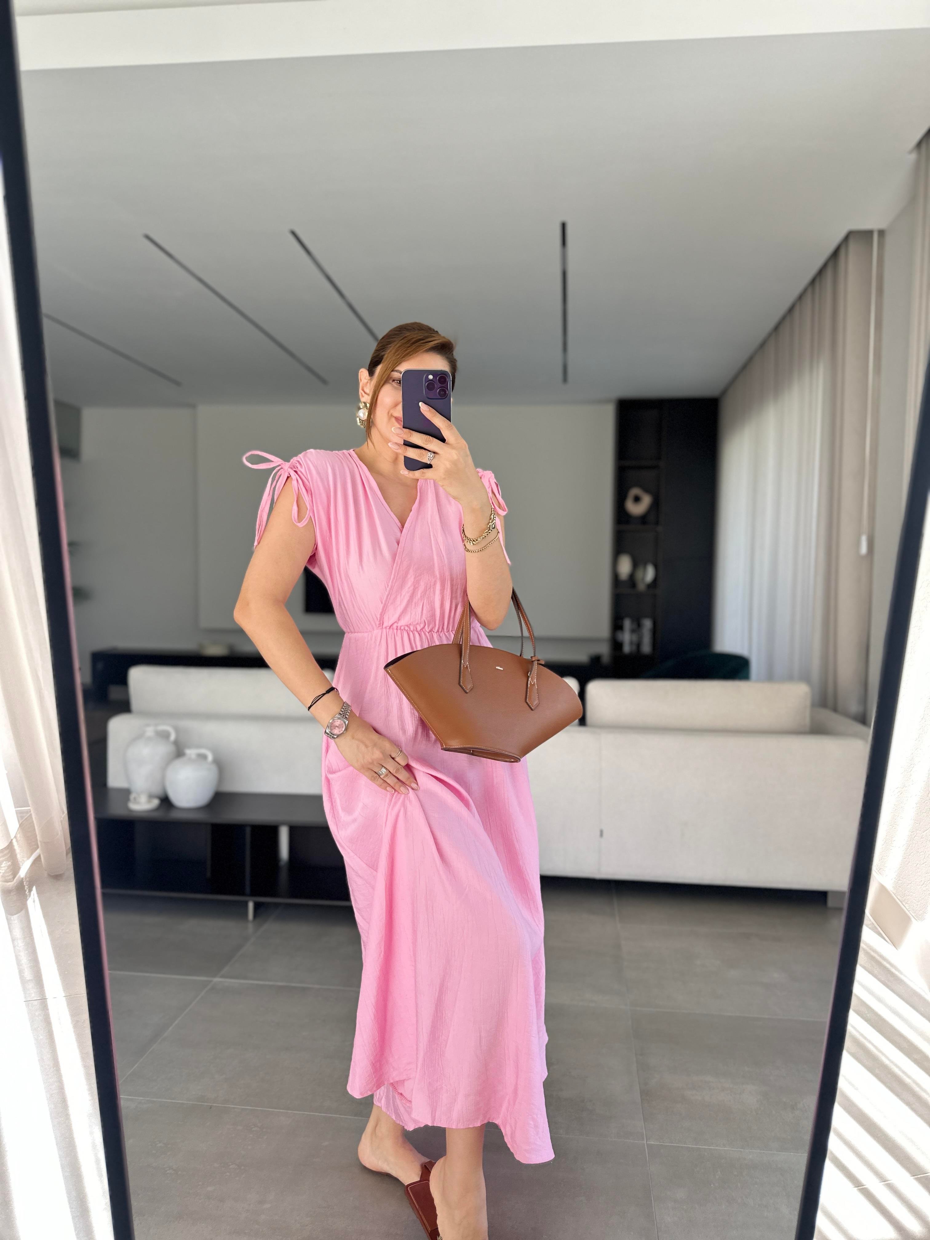 Pembe Bel Lastikli Kruvaze Yaka Elbise