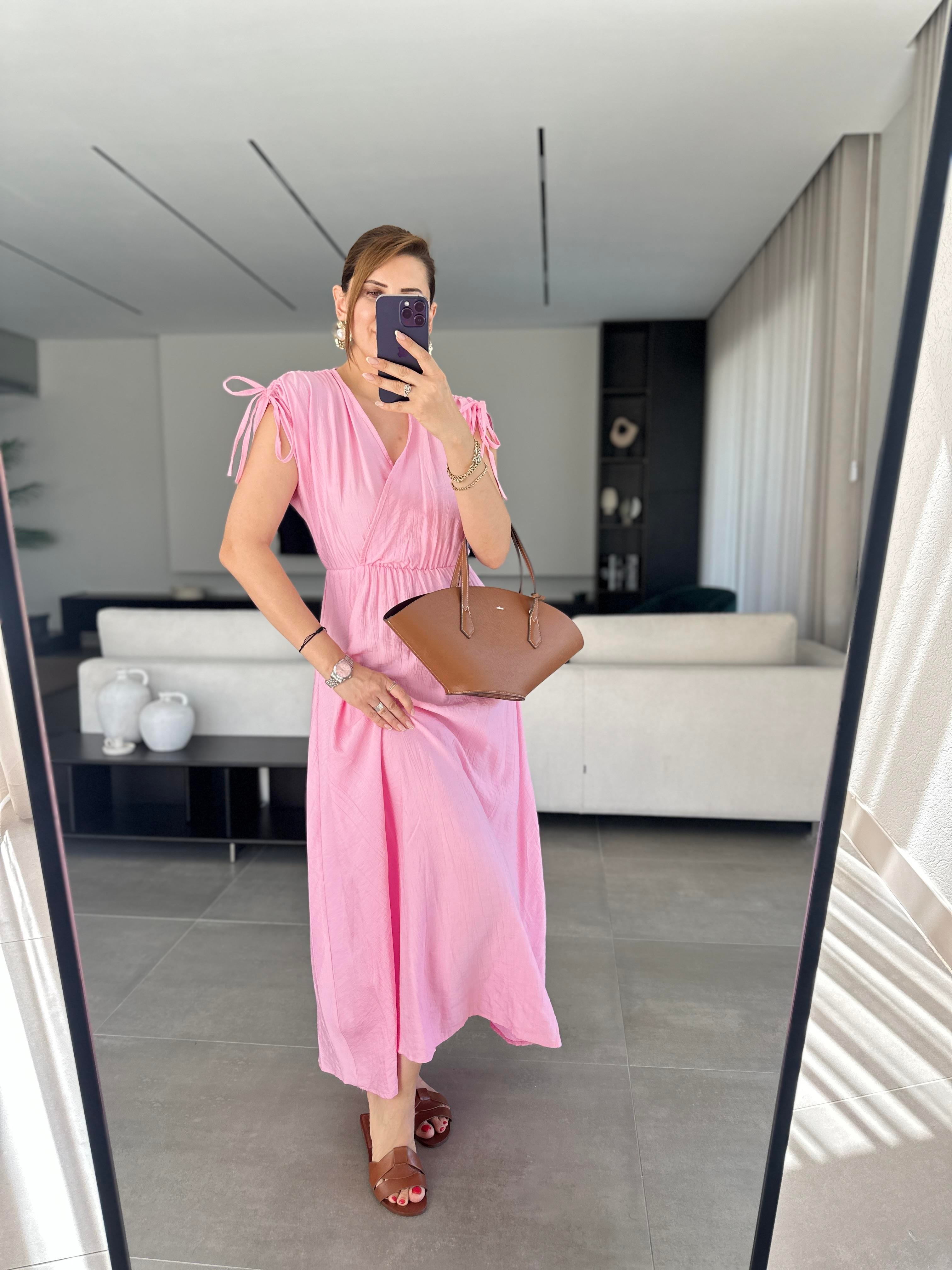 Pembe Bel Lastikli Kruvaze Yaka Elbise