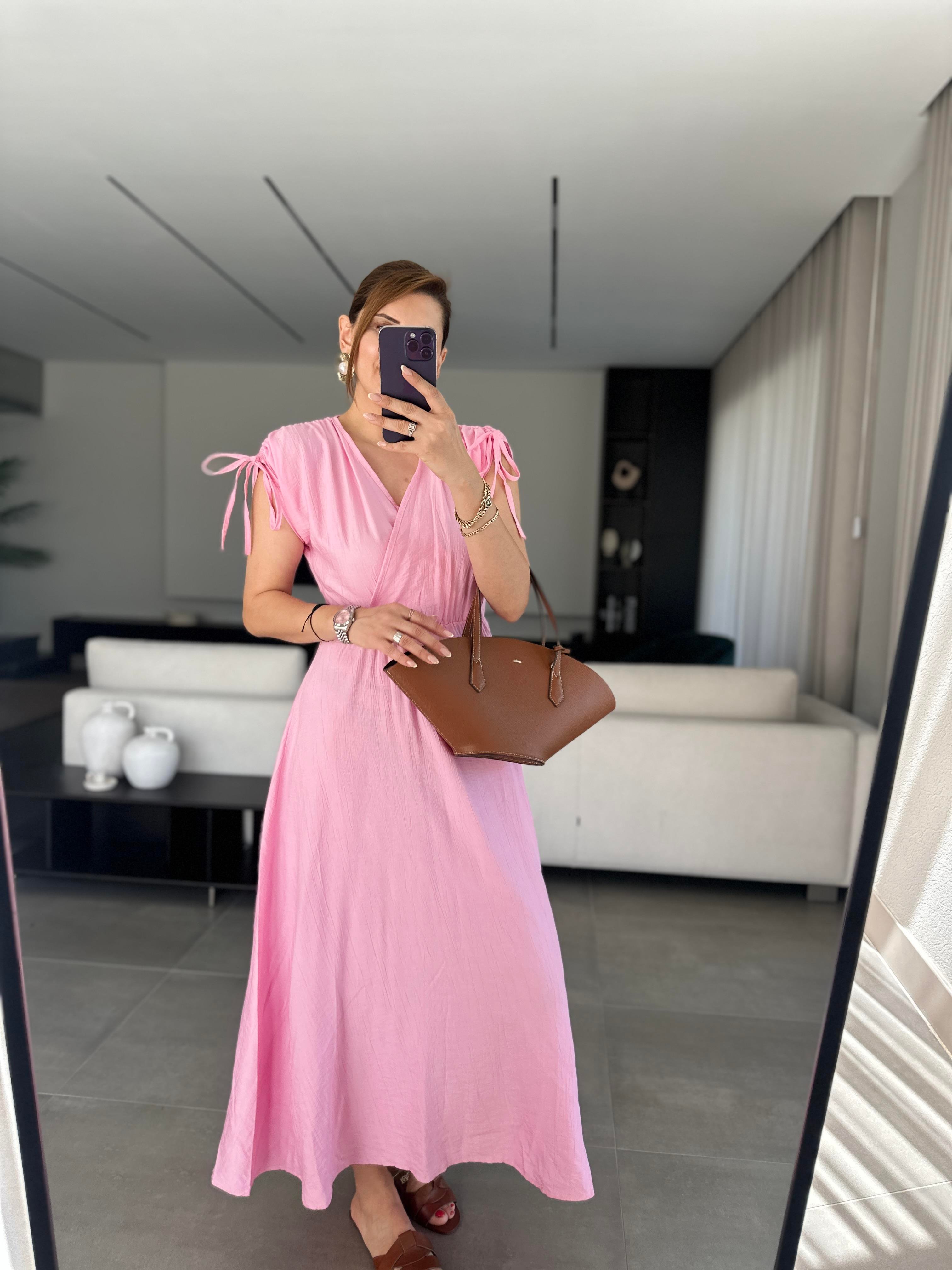 Pembe Bel Lastikli Kruvaze Yaka Elbise