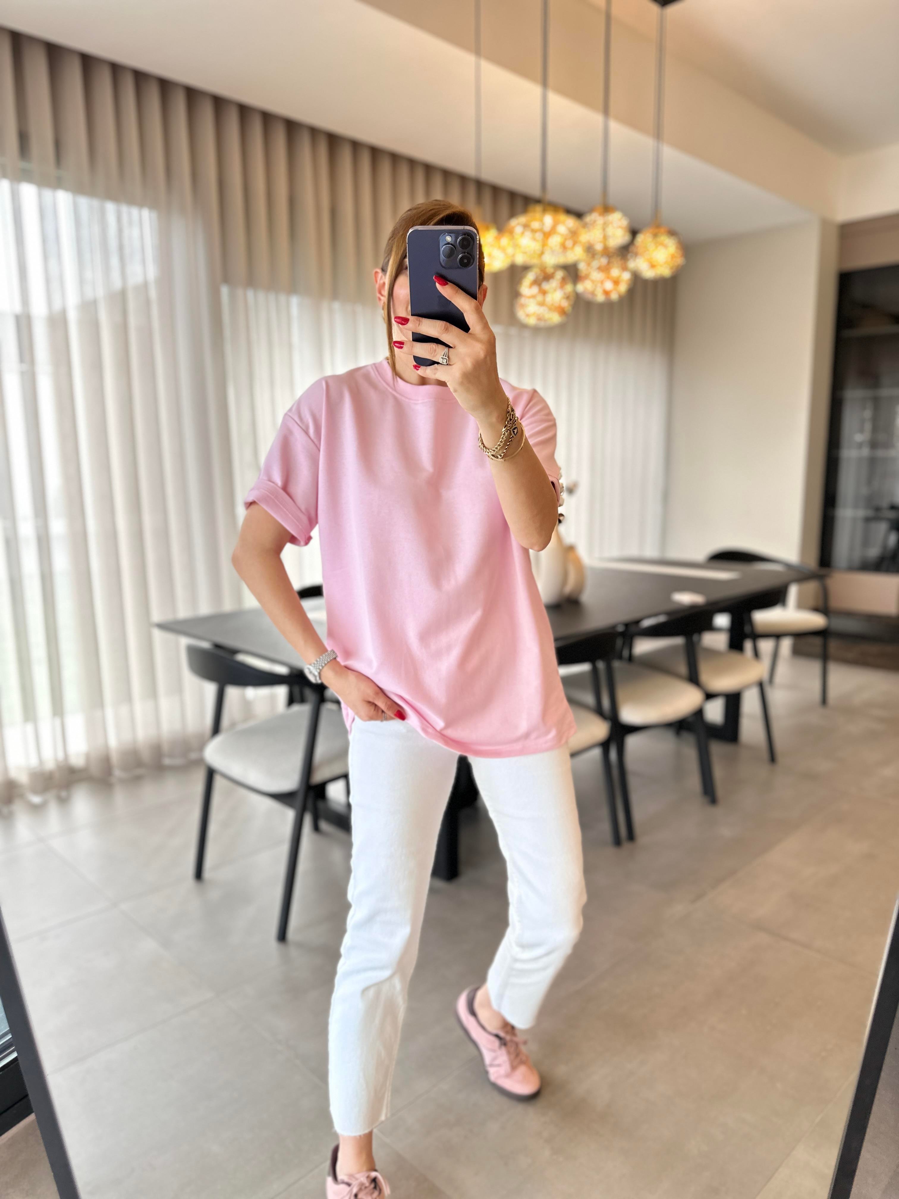 Pembe Bisiklet Yaka Basic T-shirt