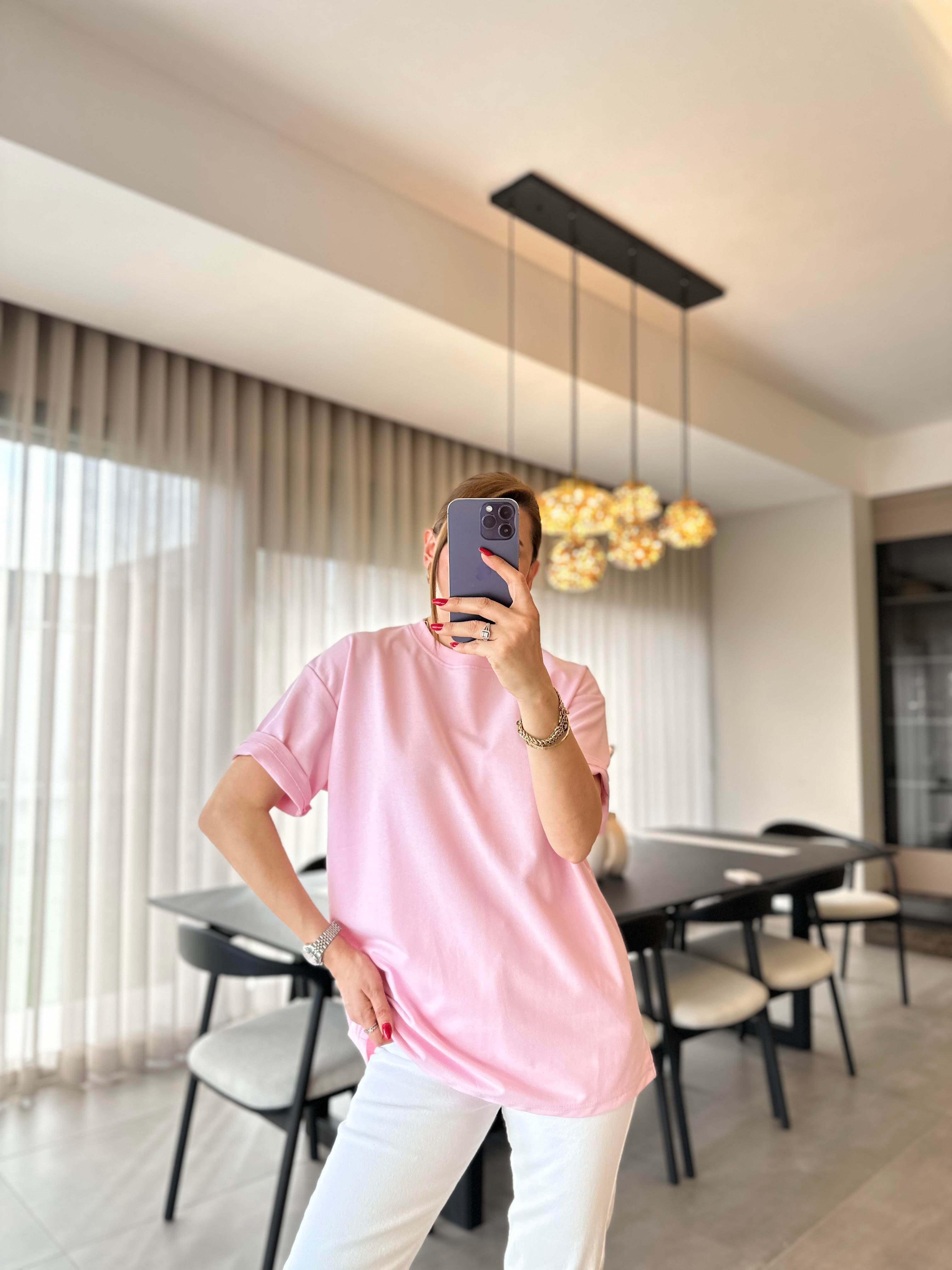 Pembe Bisiklet Yaka Basic T-shirt