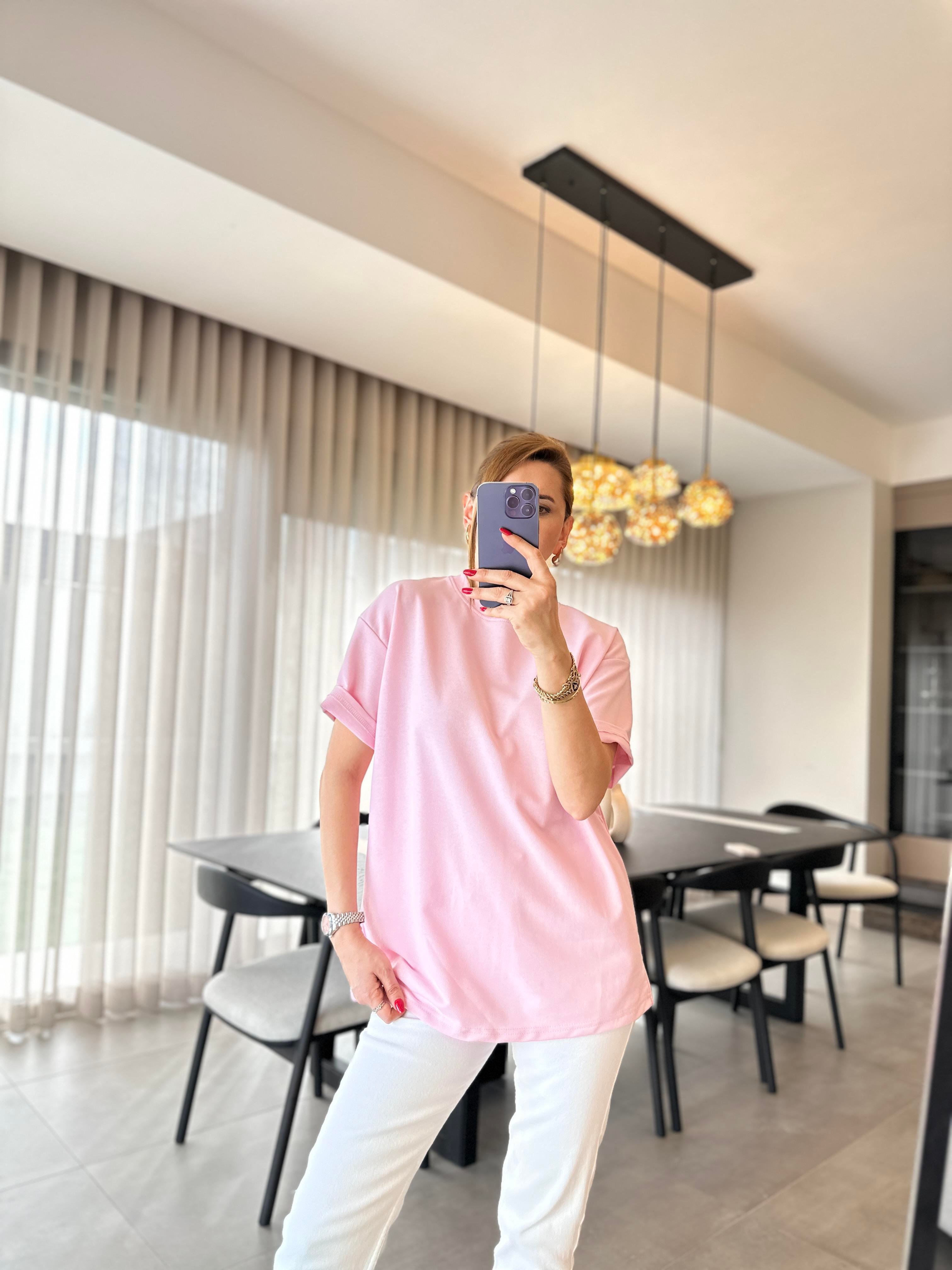 Pembe Bisiklet Yaka Basic T-shirt
