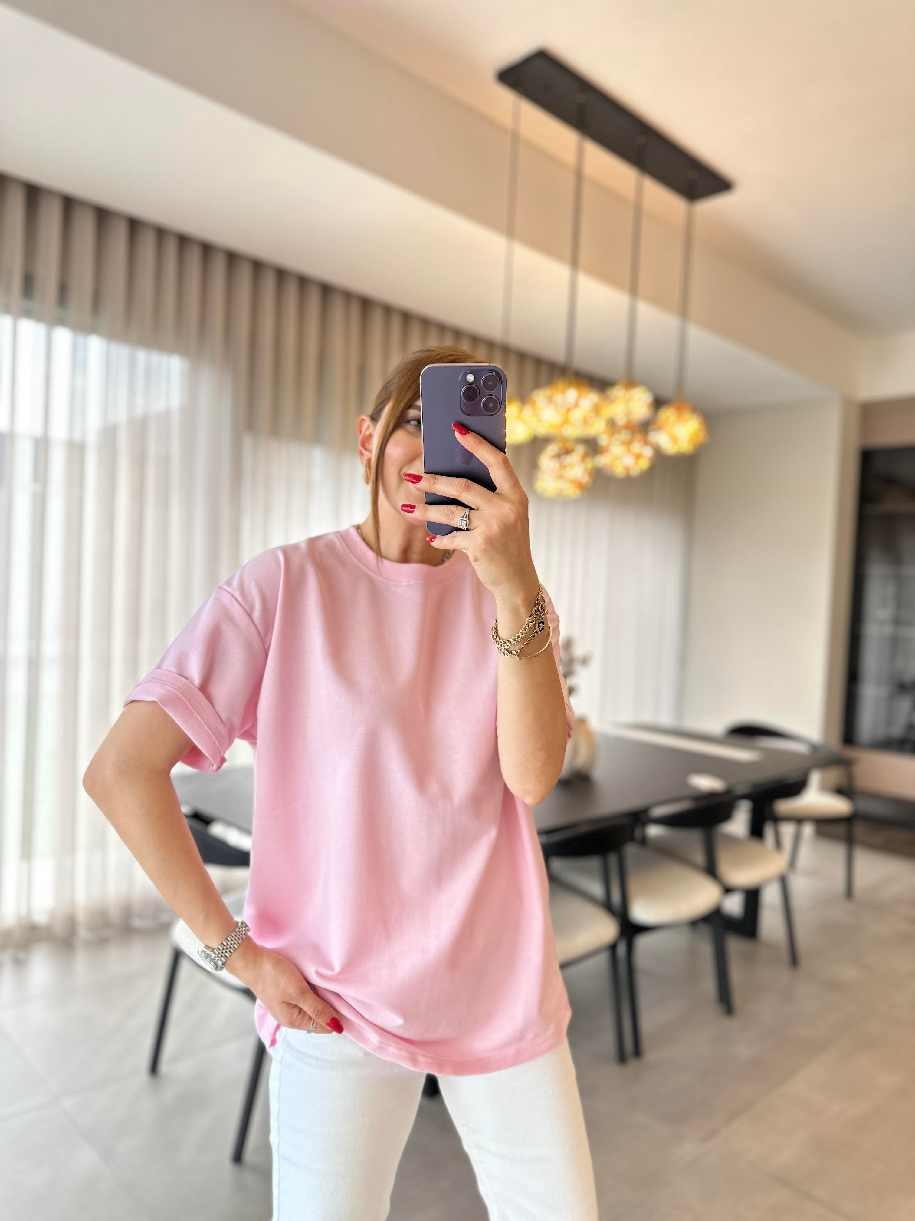 Pembe Bisiklet Yaka Basic T-shirt