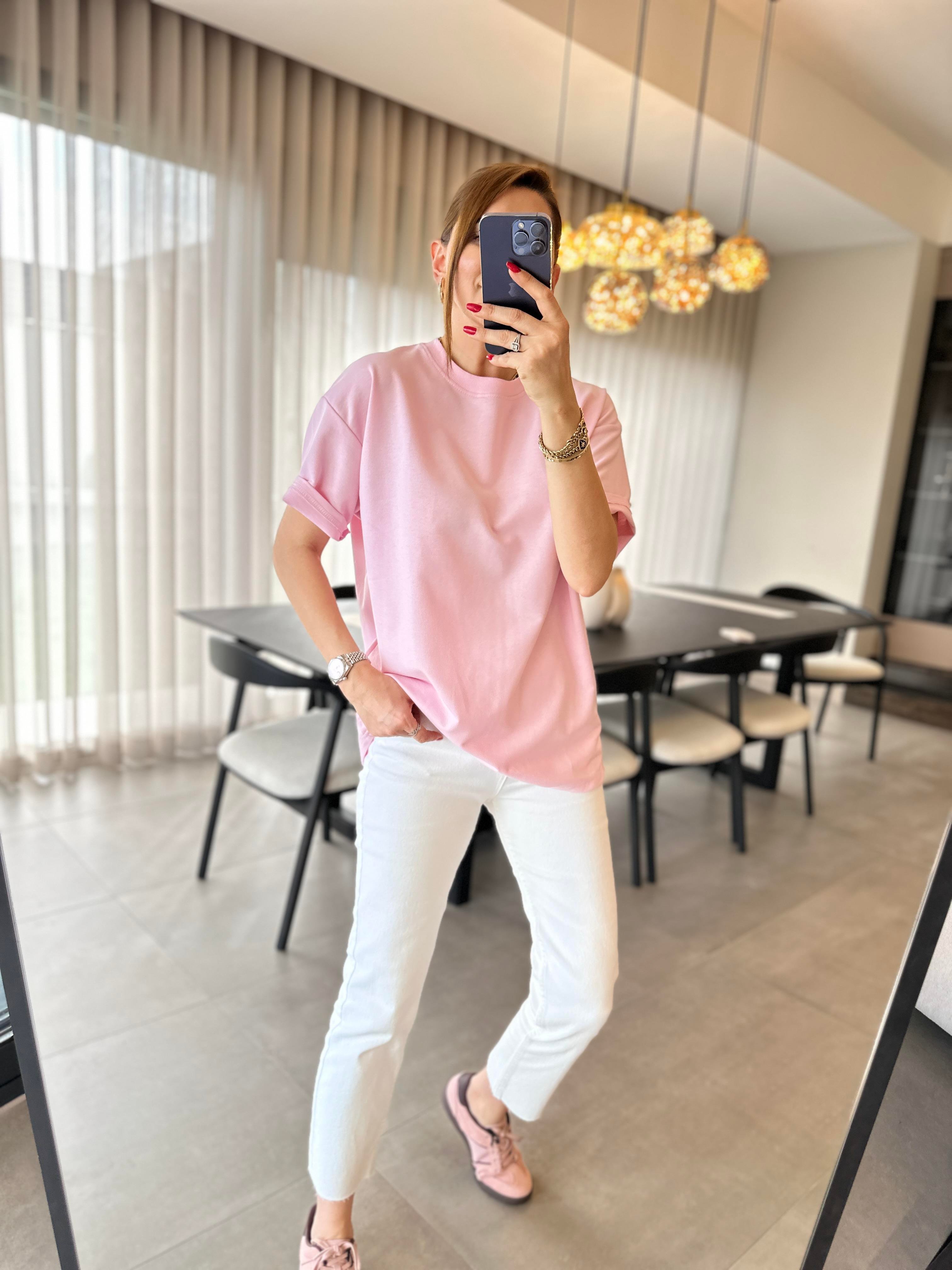 Pembe Bisiklet Yaka Basic T-shirt