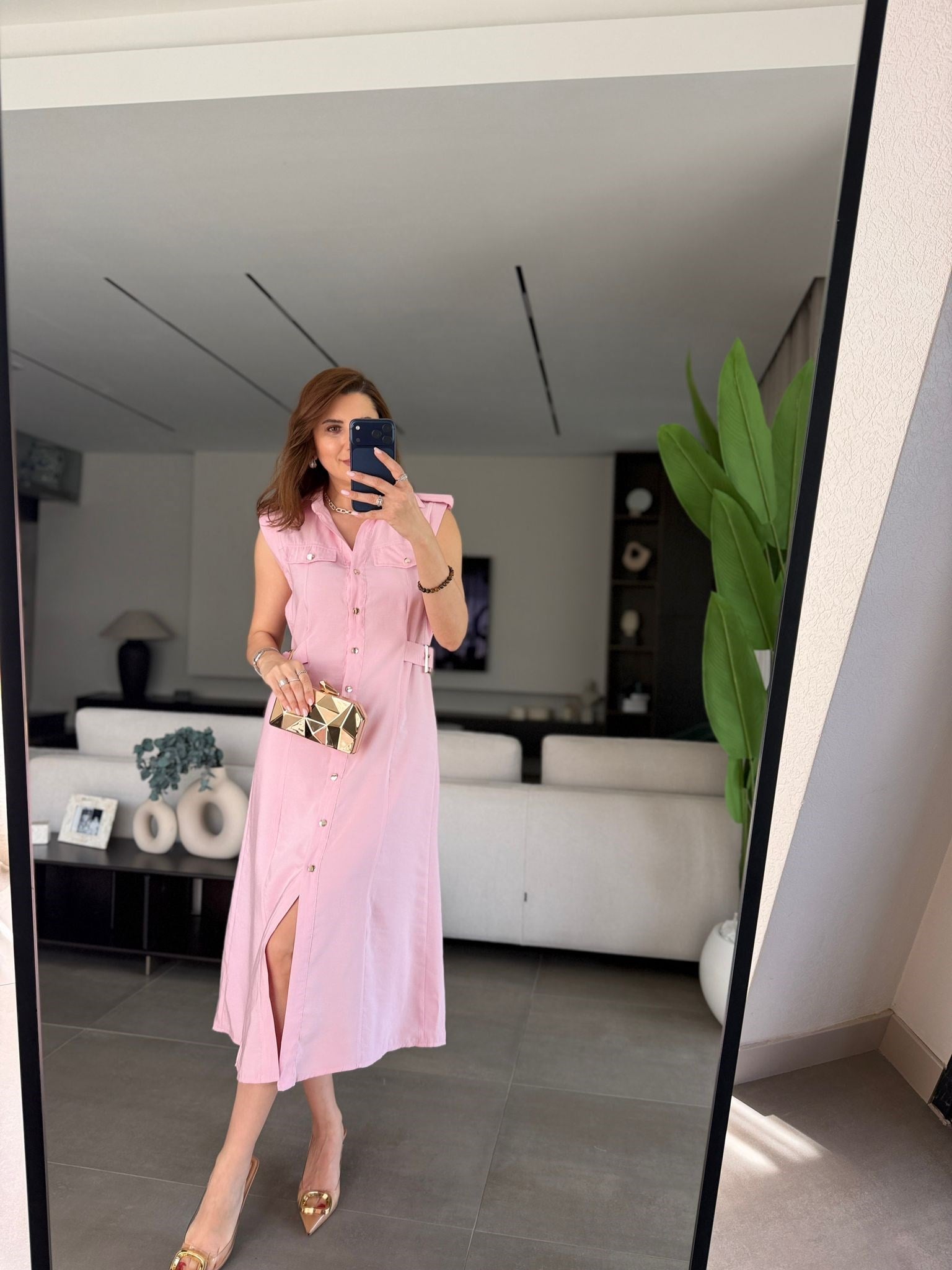 Pembe Cep Kapaklı Önü Düğmeli Elbise