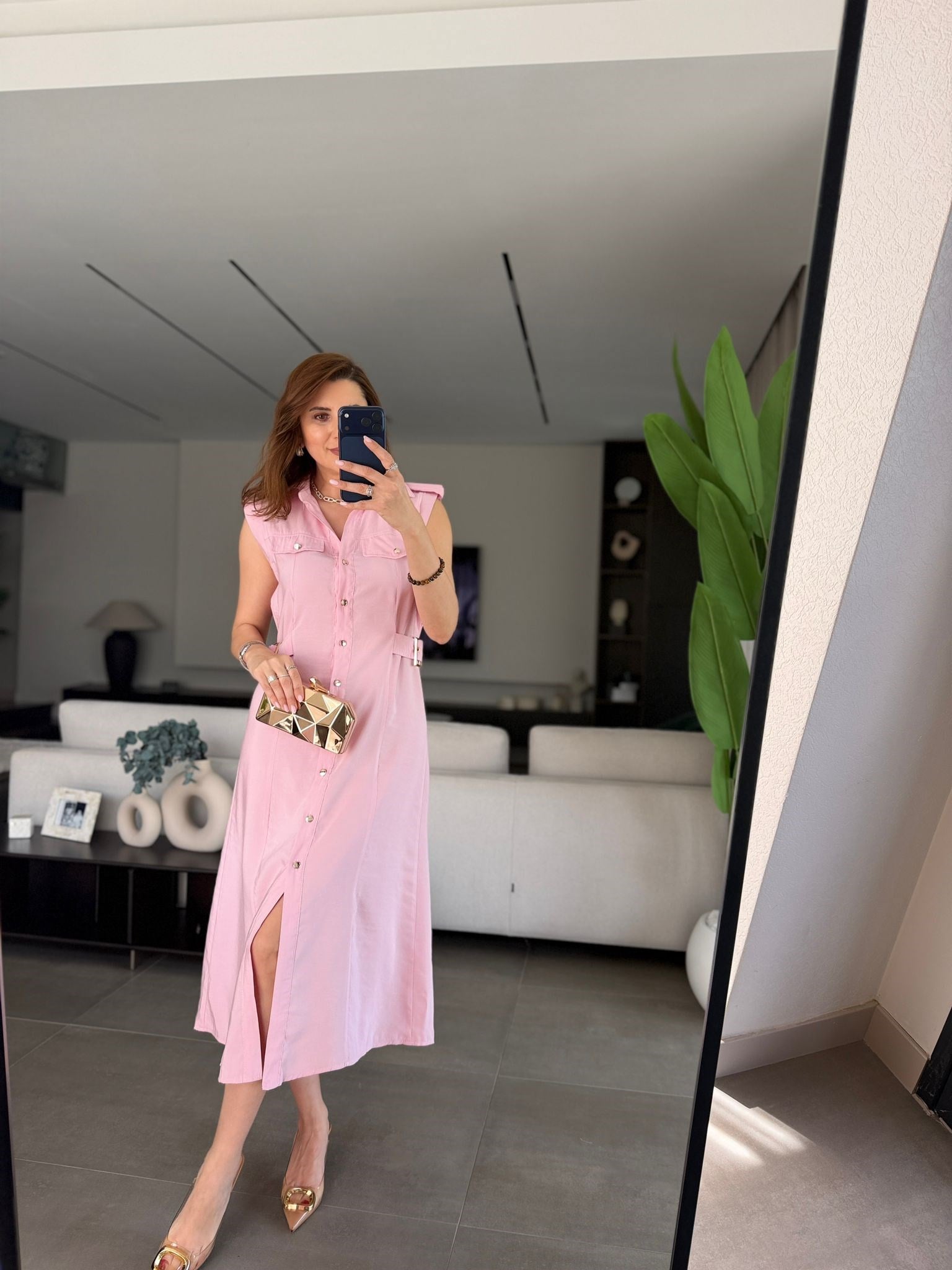 Pembe Cep Kapaklı Önü Düğmeli Elbise