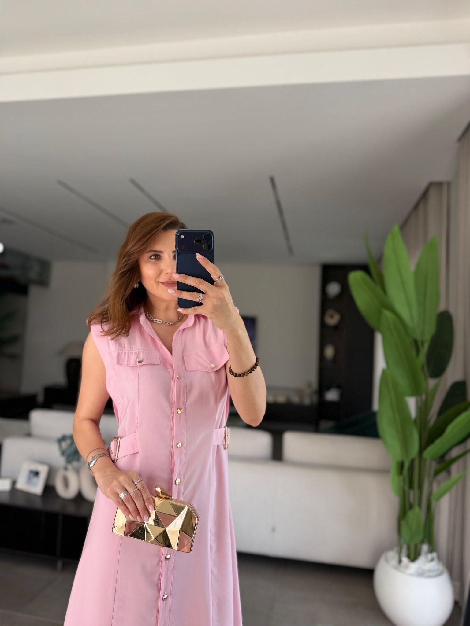 Pembe Cep Kapaklı Önü Düğmeli Elbise