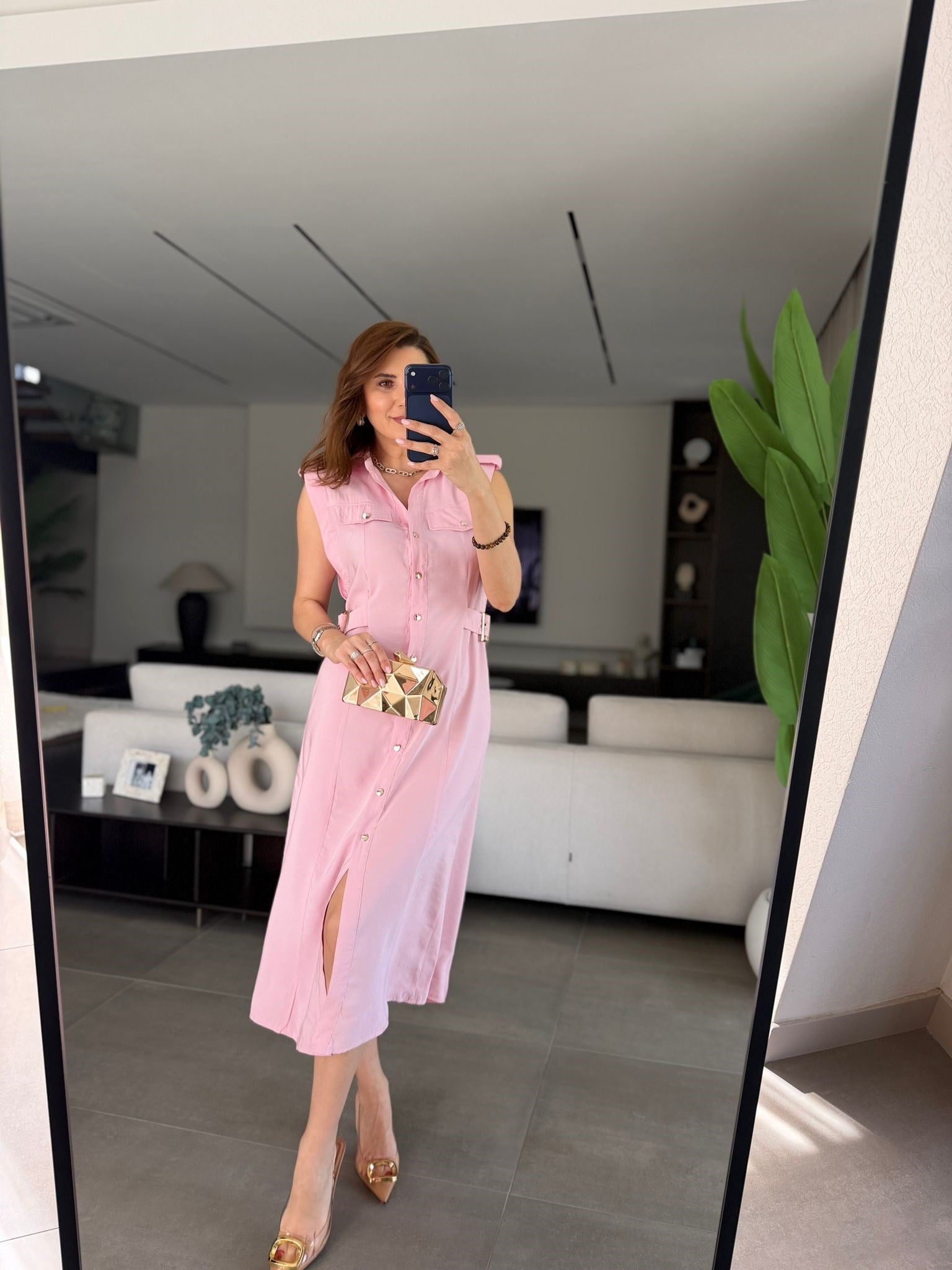 Pembe Cep Kapaklı Önü Düğmeli Elbise