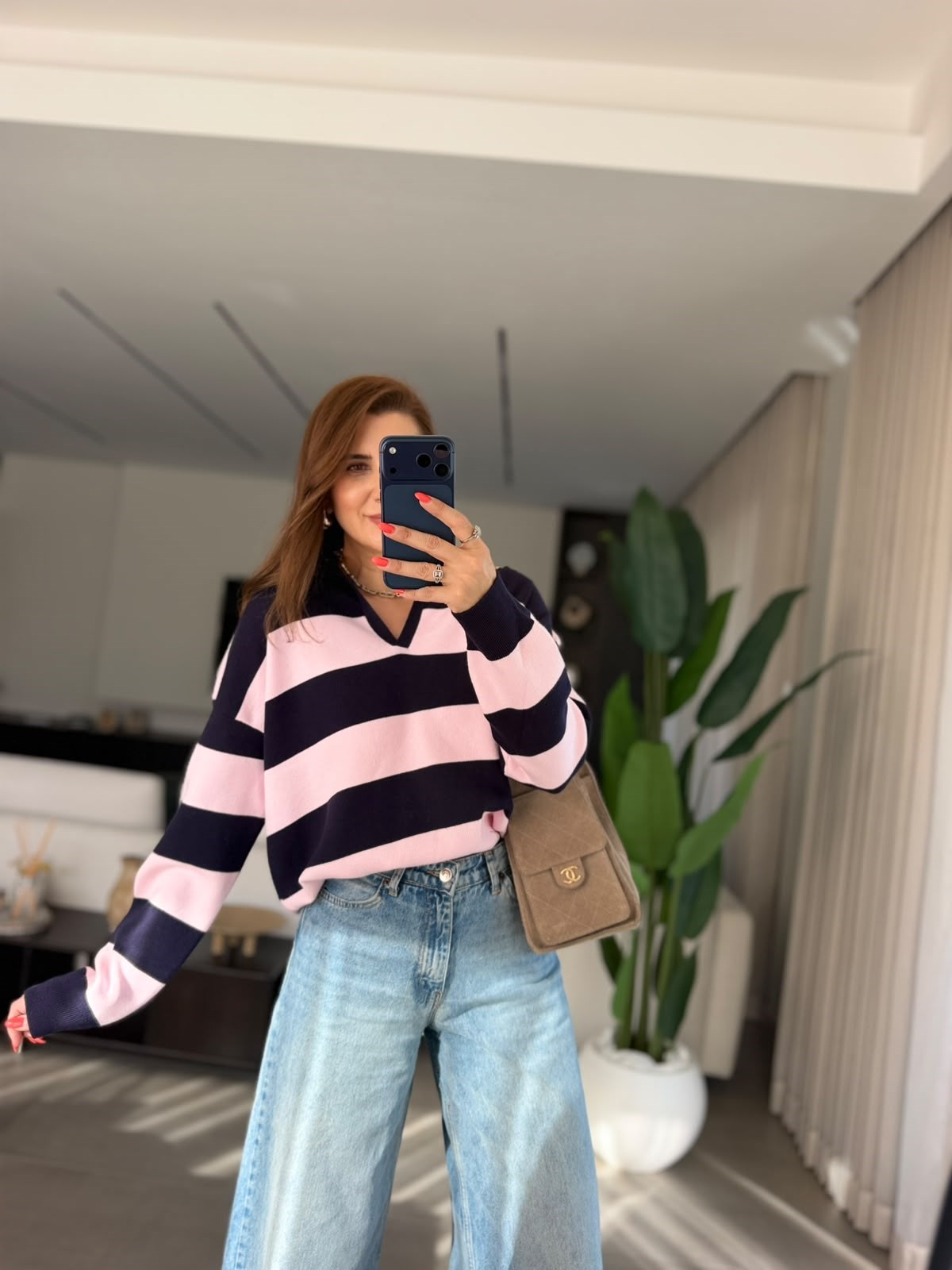 Pembe  Çizgili Polo Yaka Kazak