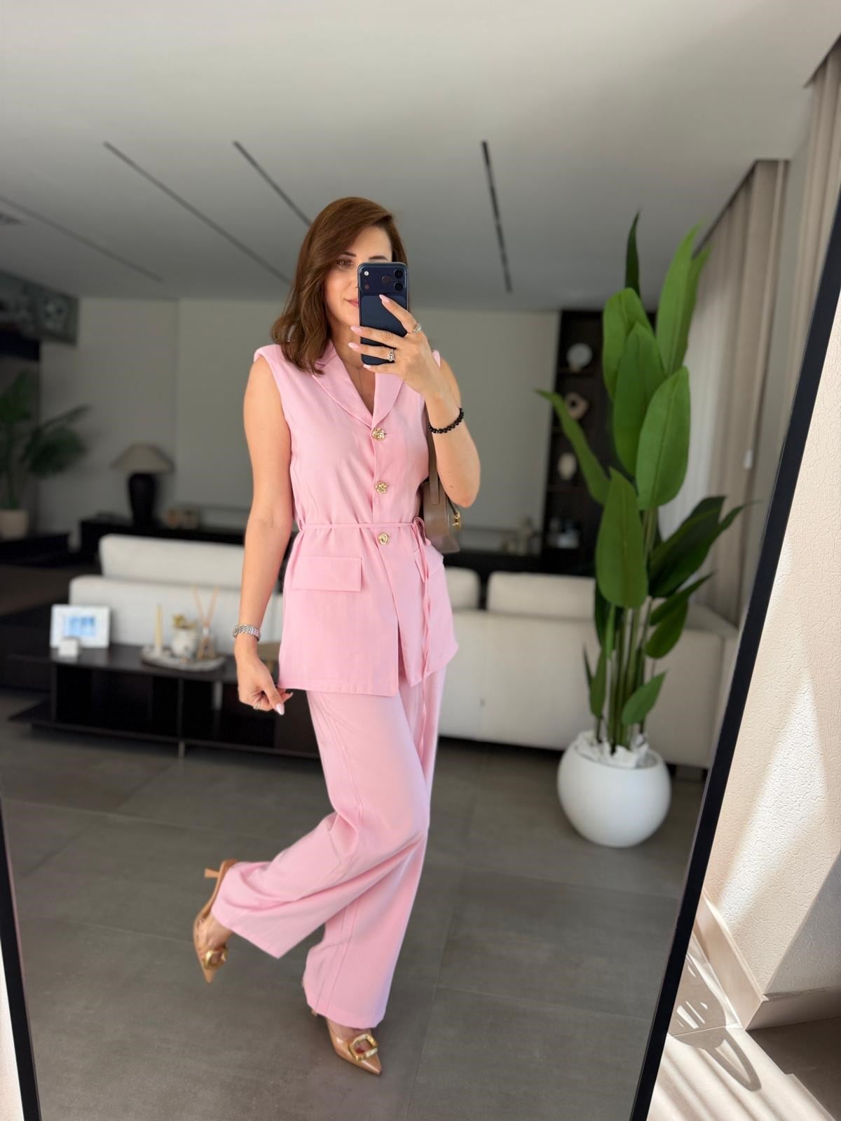 Pembe Cupra Omuz Vatkalı Yelek Pantolon Takım