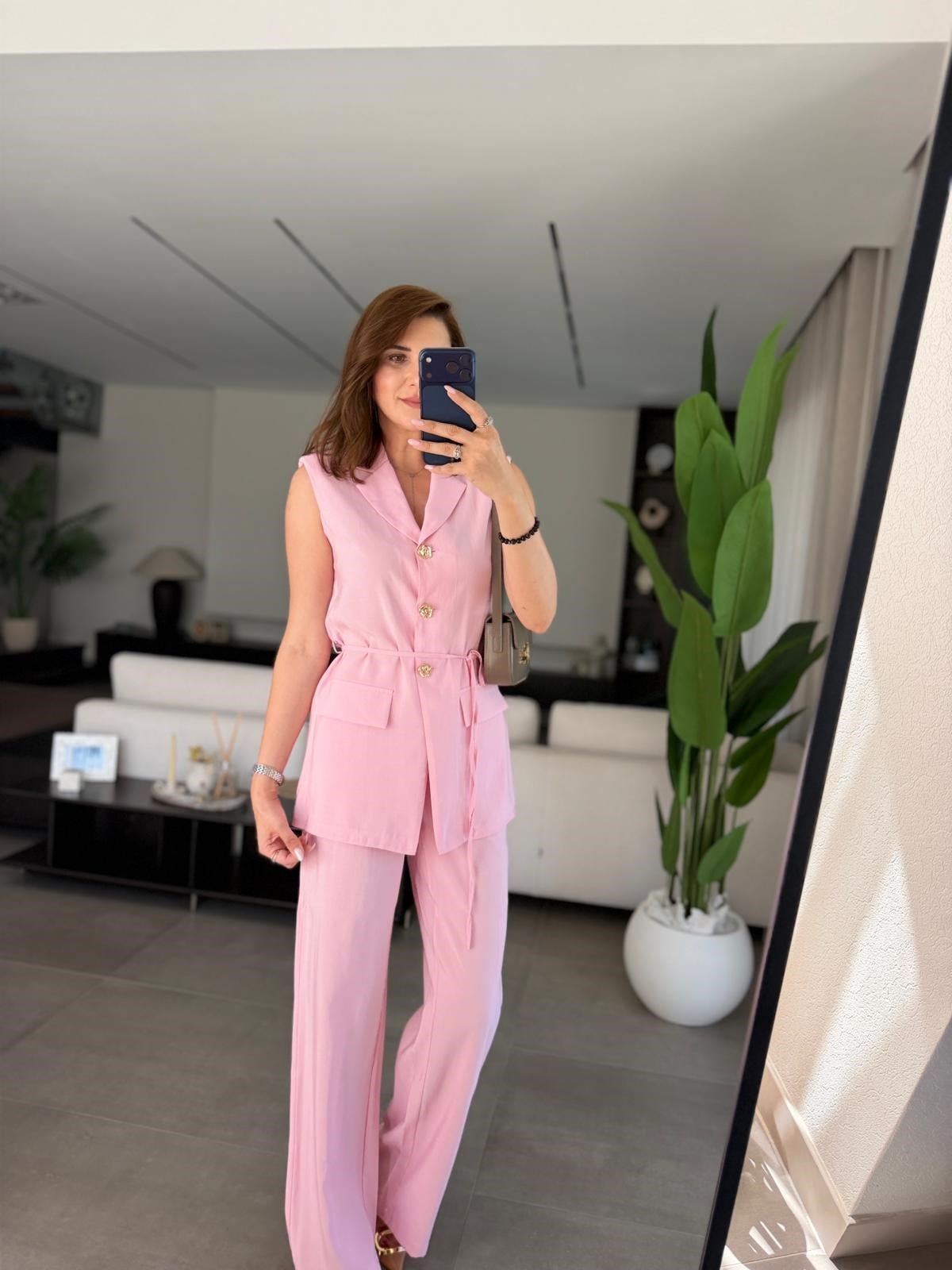 Pembe Cupra Omuz Vatkalı Yelek Pantolon Takım