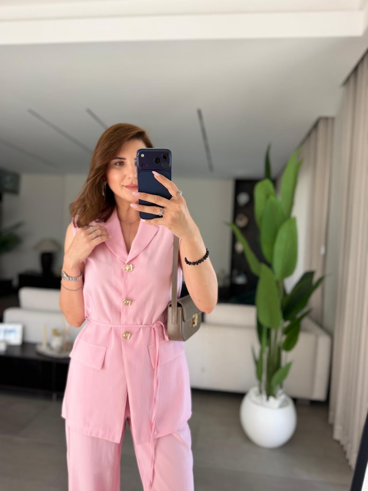Pembe Cupra Omuz Vatkalı Yelek Pantolon Takım