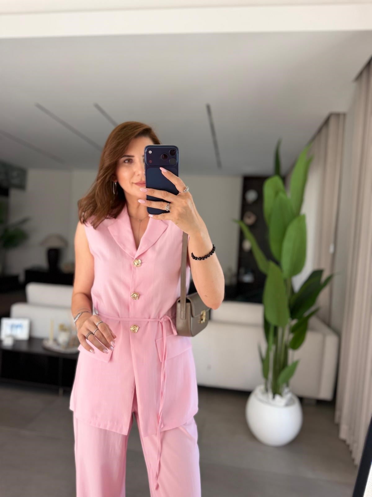 Pembe Cupra Omuz Vatkalı Yelek Pantolon Takım