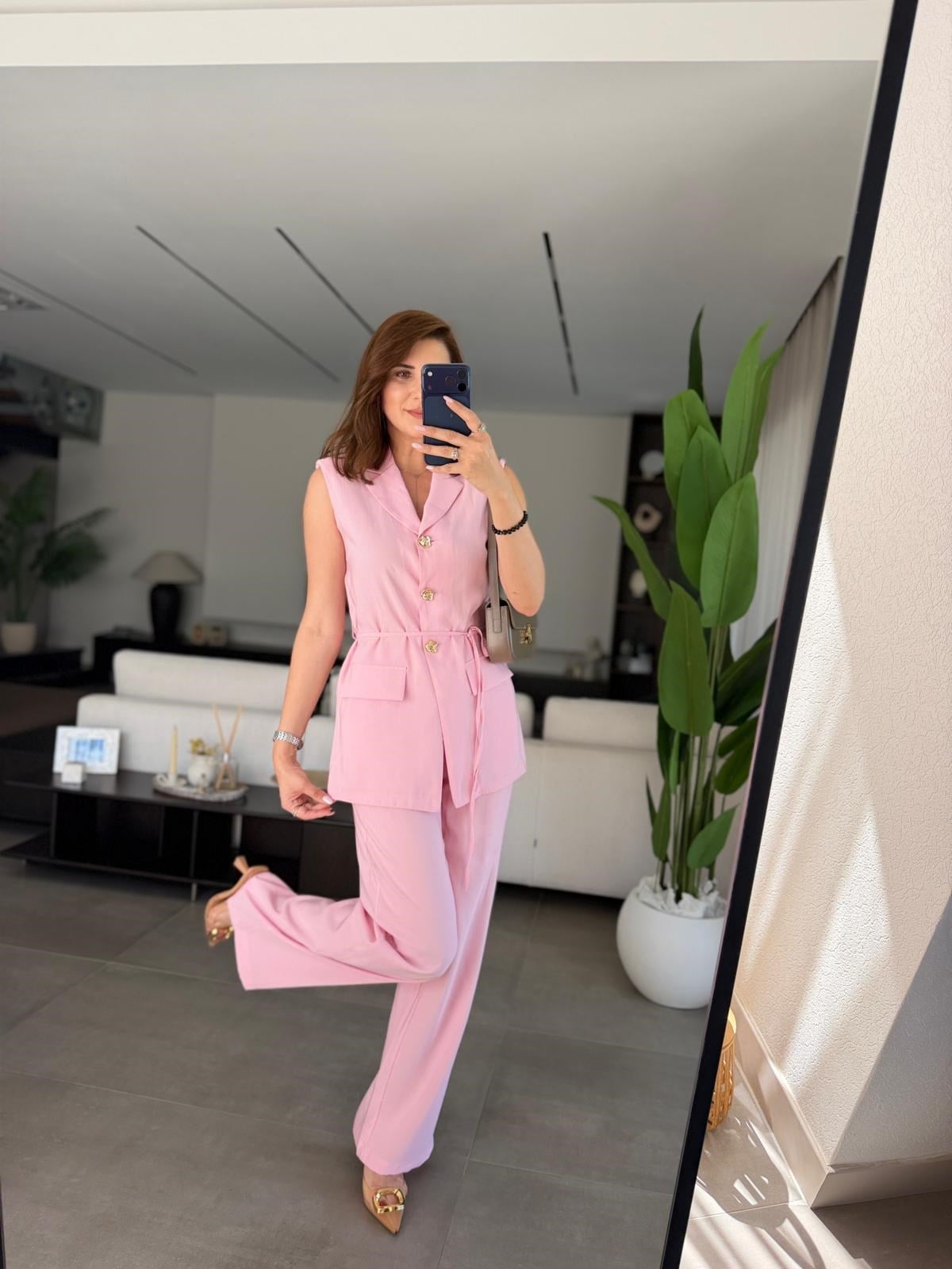 Pembe Cupra Omuz Vatkalı Yelek Pantolon Takım