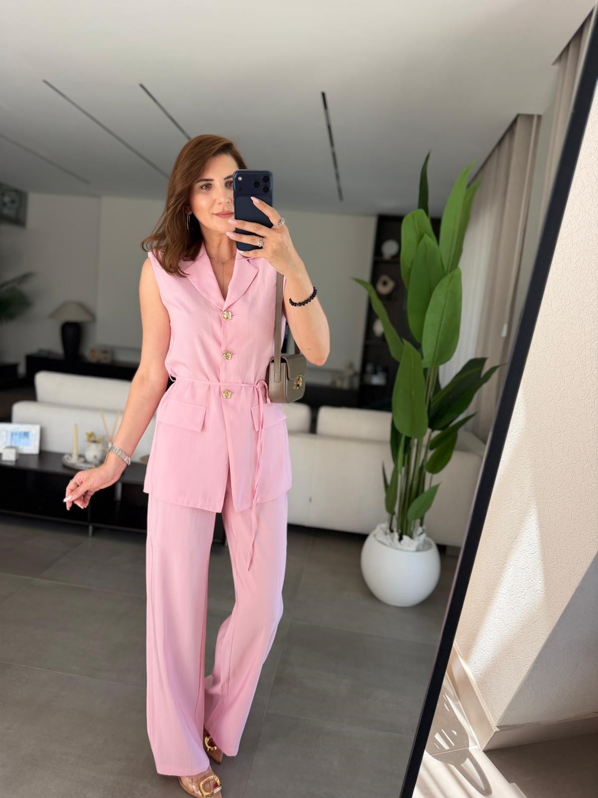 Pembe Cupra Omuz Vatkalı Yelek Pantolon Takım