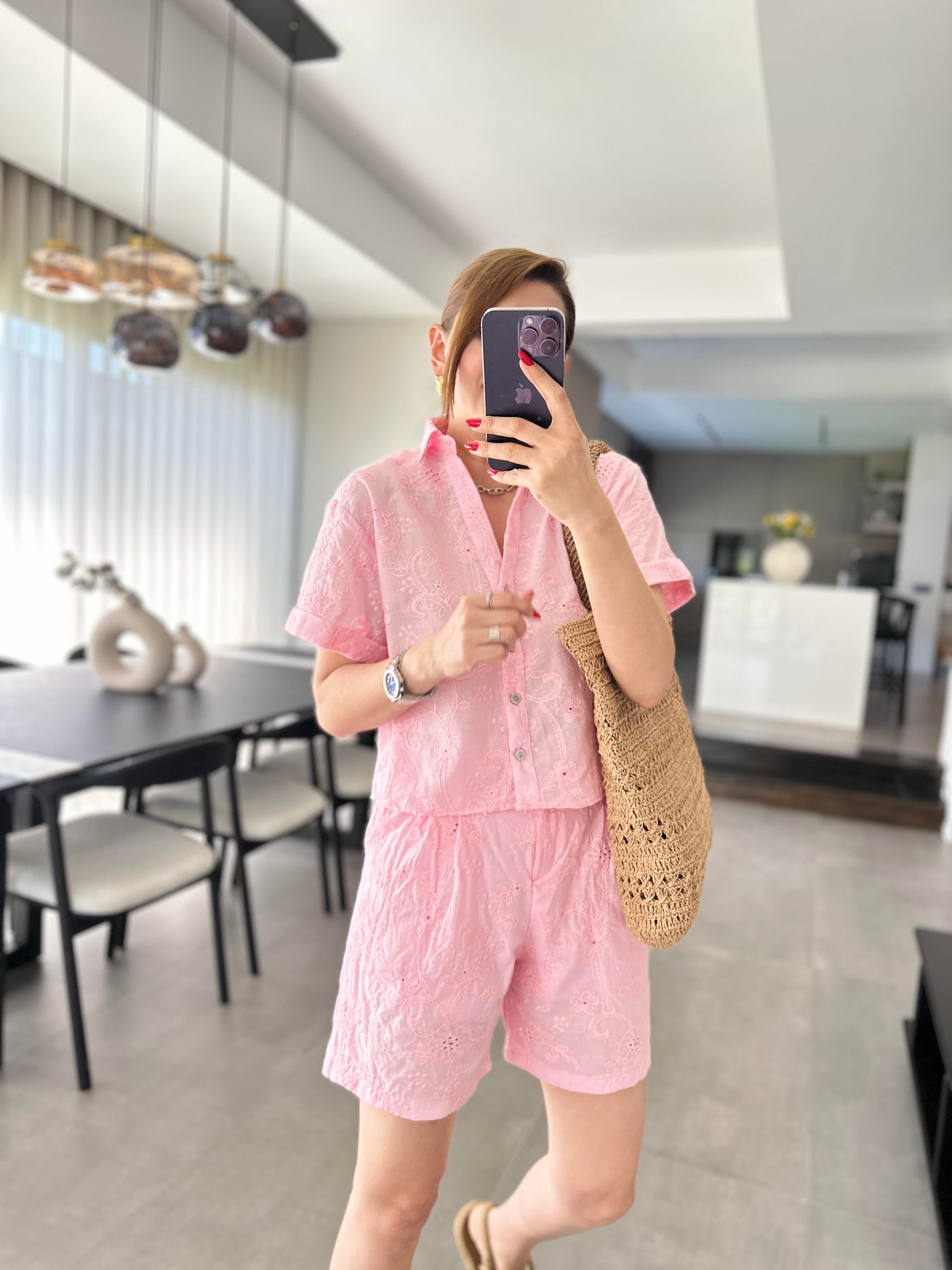 Pembe Desenli Şort Takım