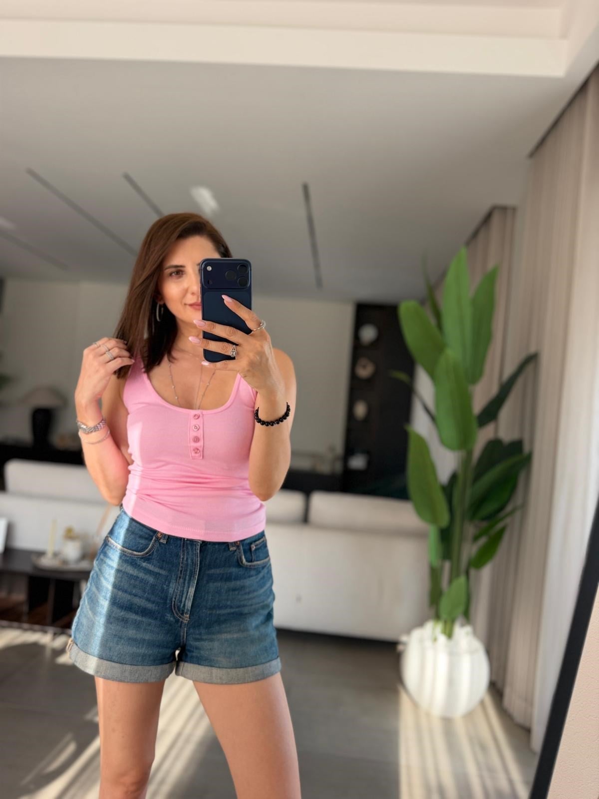 Pembe  Düğmeli Mas Askıllı Atlet