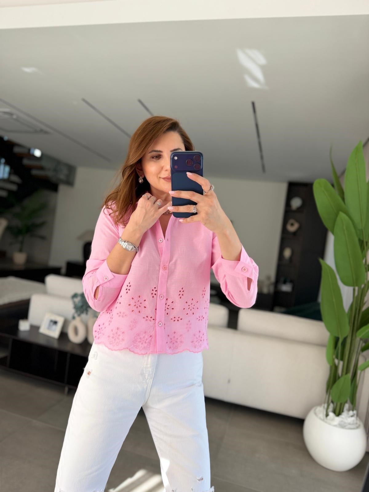 Pembe Etek Kısmı Brodeli Gömlek