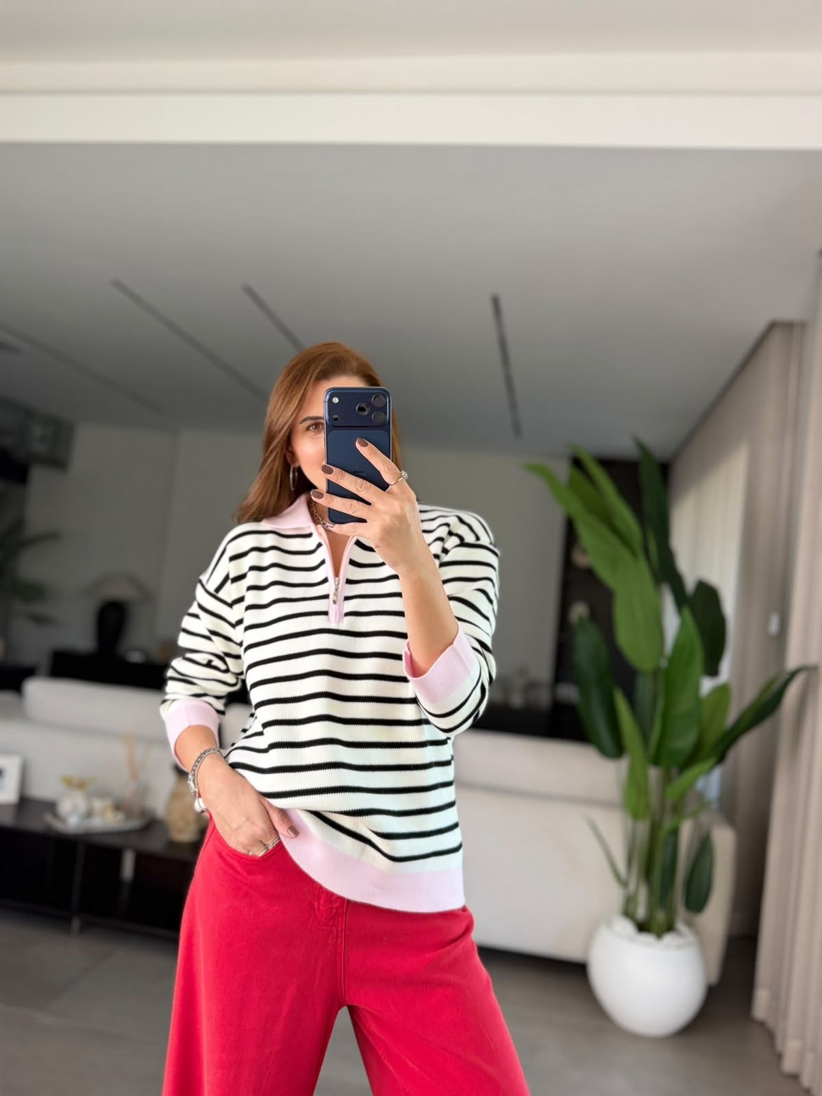 Pembe Fermuarlı Çizgili Triko