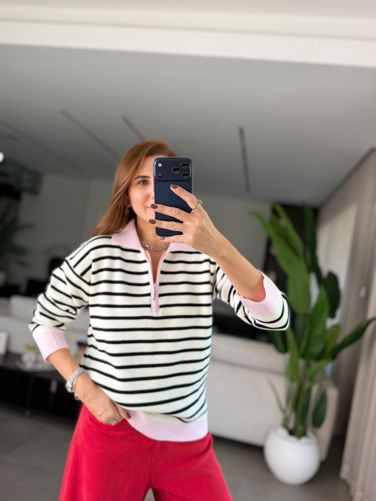Pembe Fermuarlı Çizgili Triko