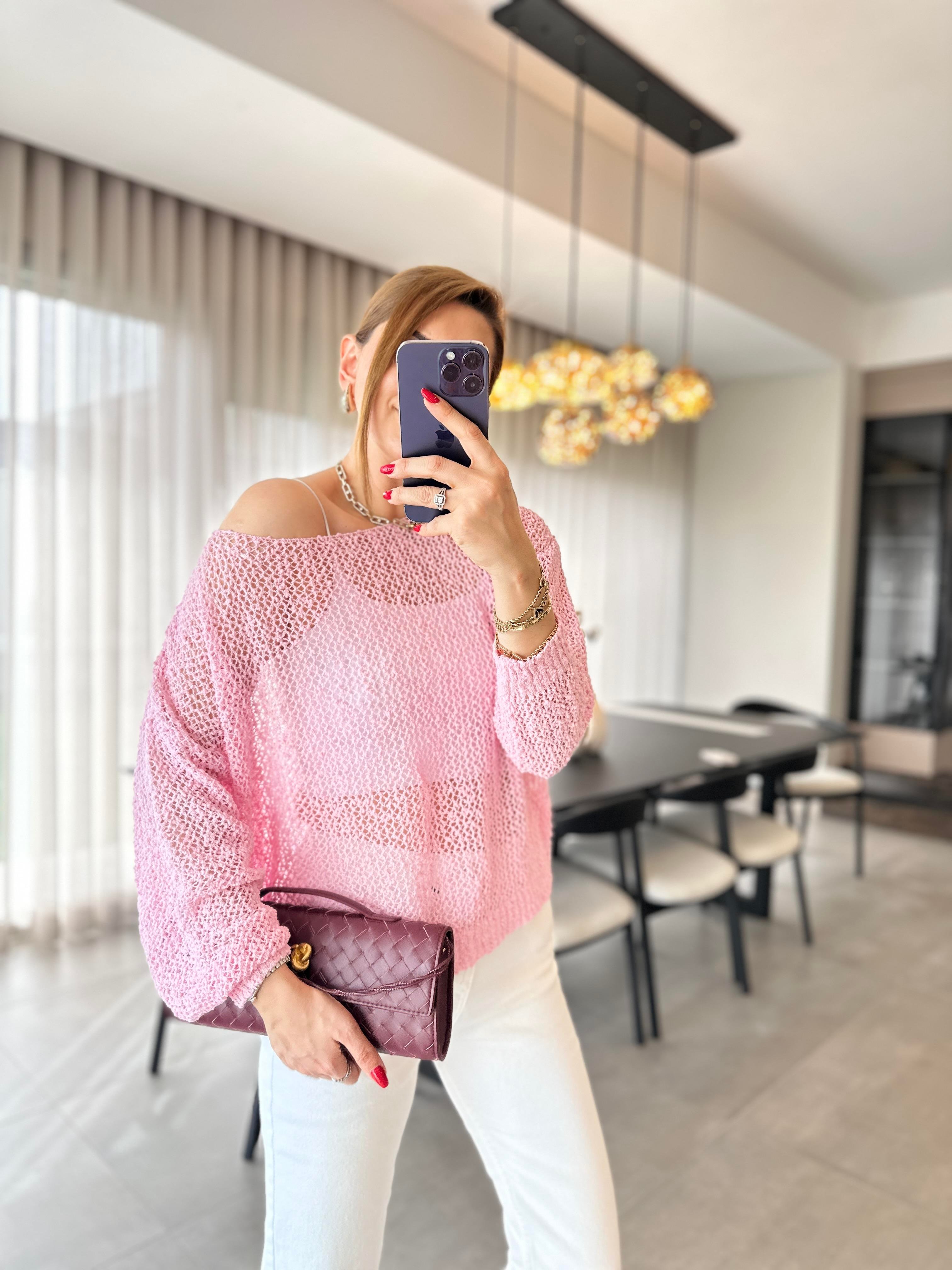 Pembe File Geniş Yaka Triko Bluz