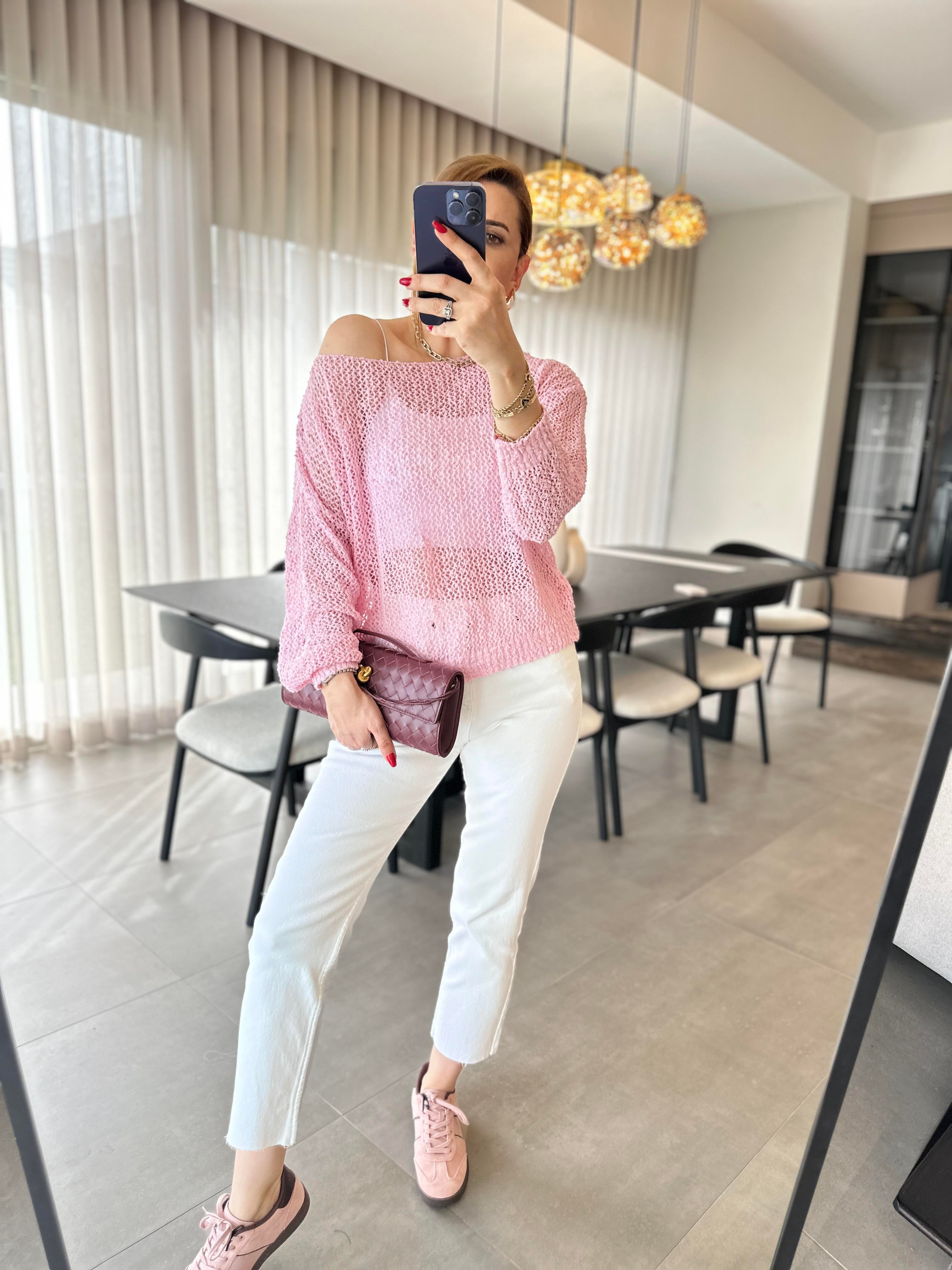 Pembe File Geniş Yaka Triko Bluz