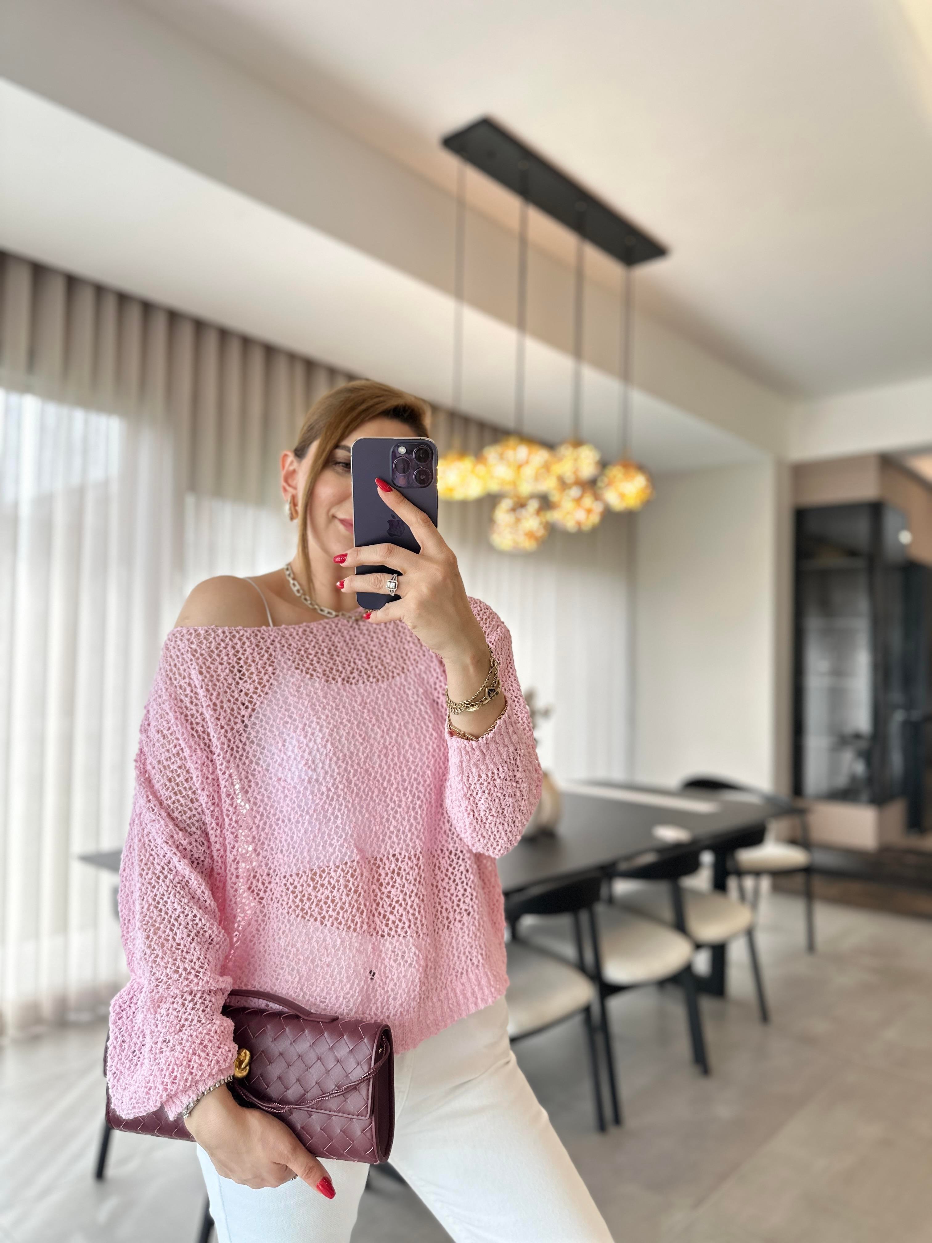 Pembe File Geniş Yaka Triko Bluz
