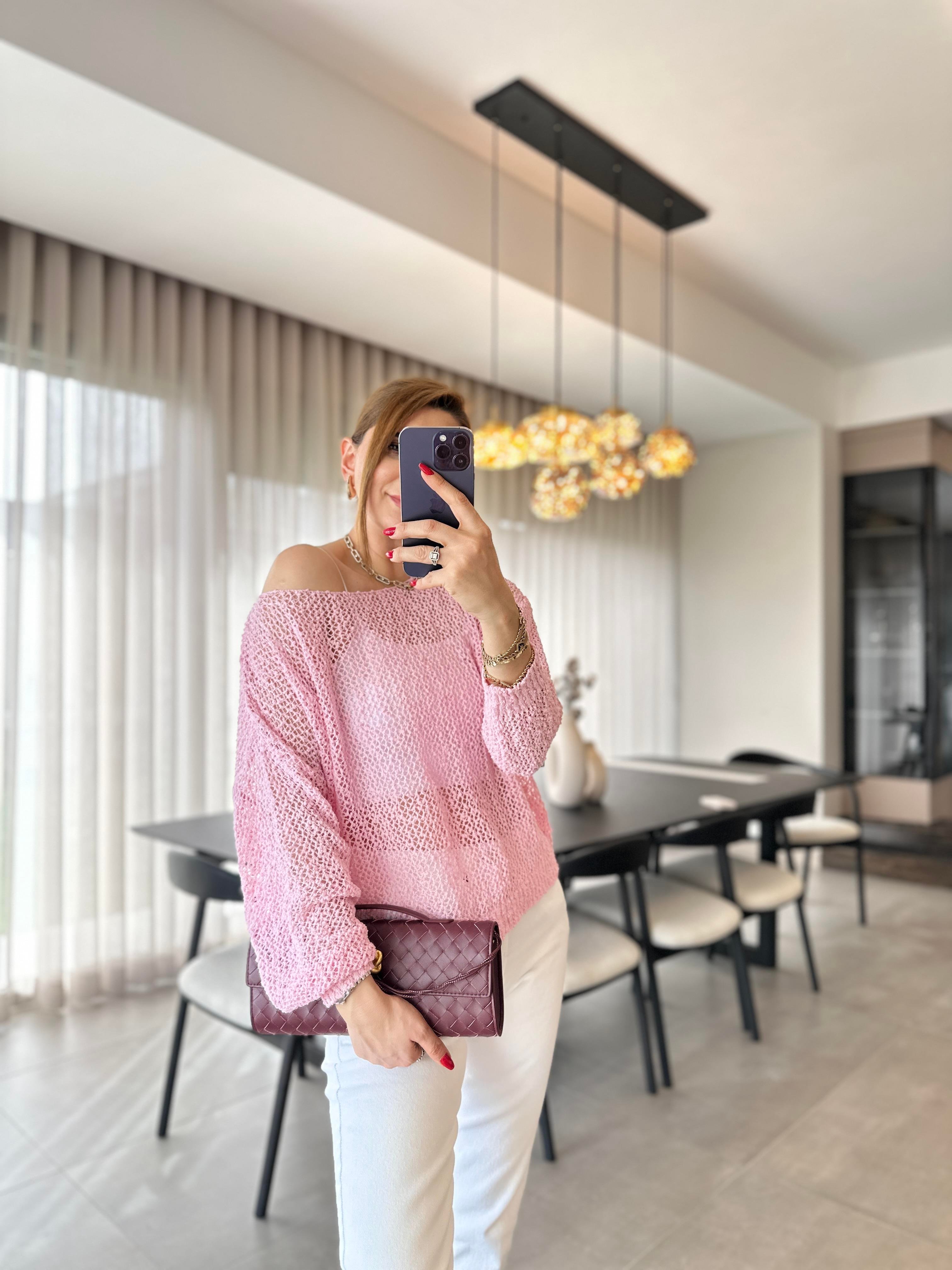 Pembe File Geniş Yaka Triko Bluz