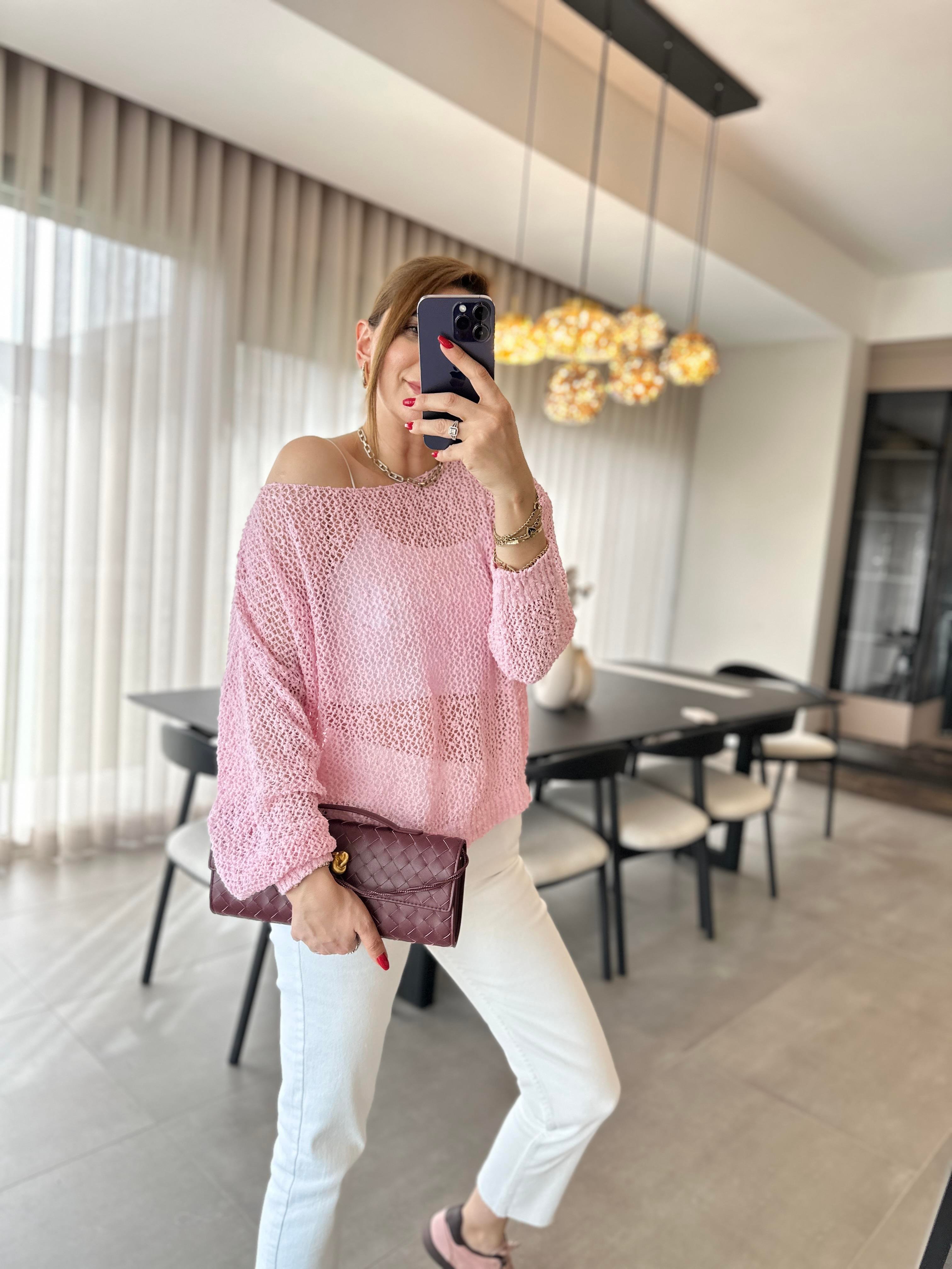 Pembe File Geniş Yaka Triko Bluz