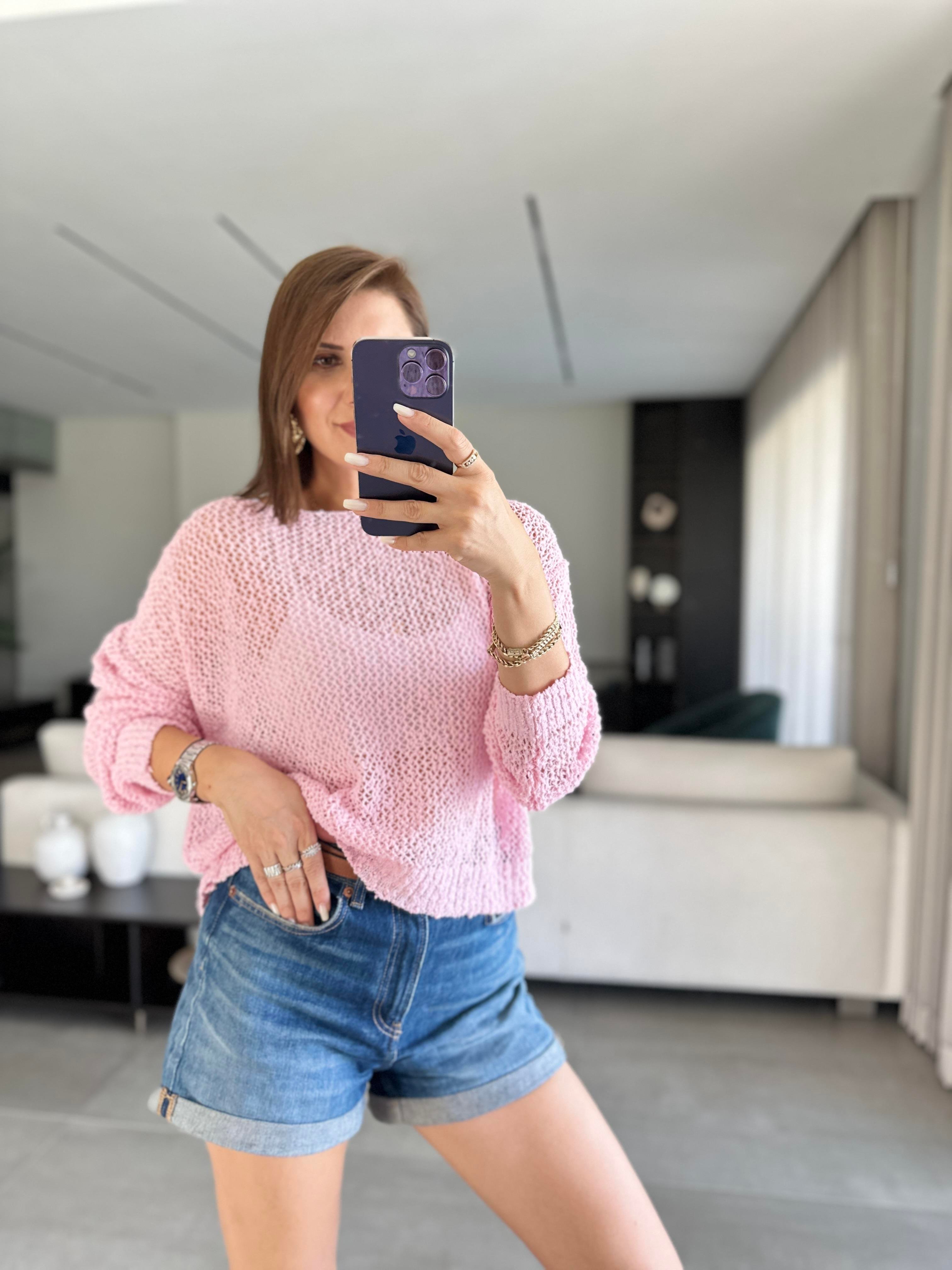 Pembe File Kayık Yaka Bluz