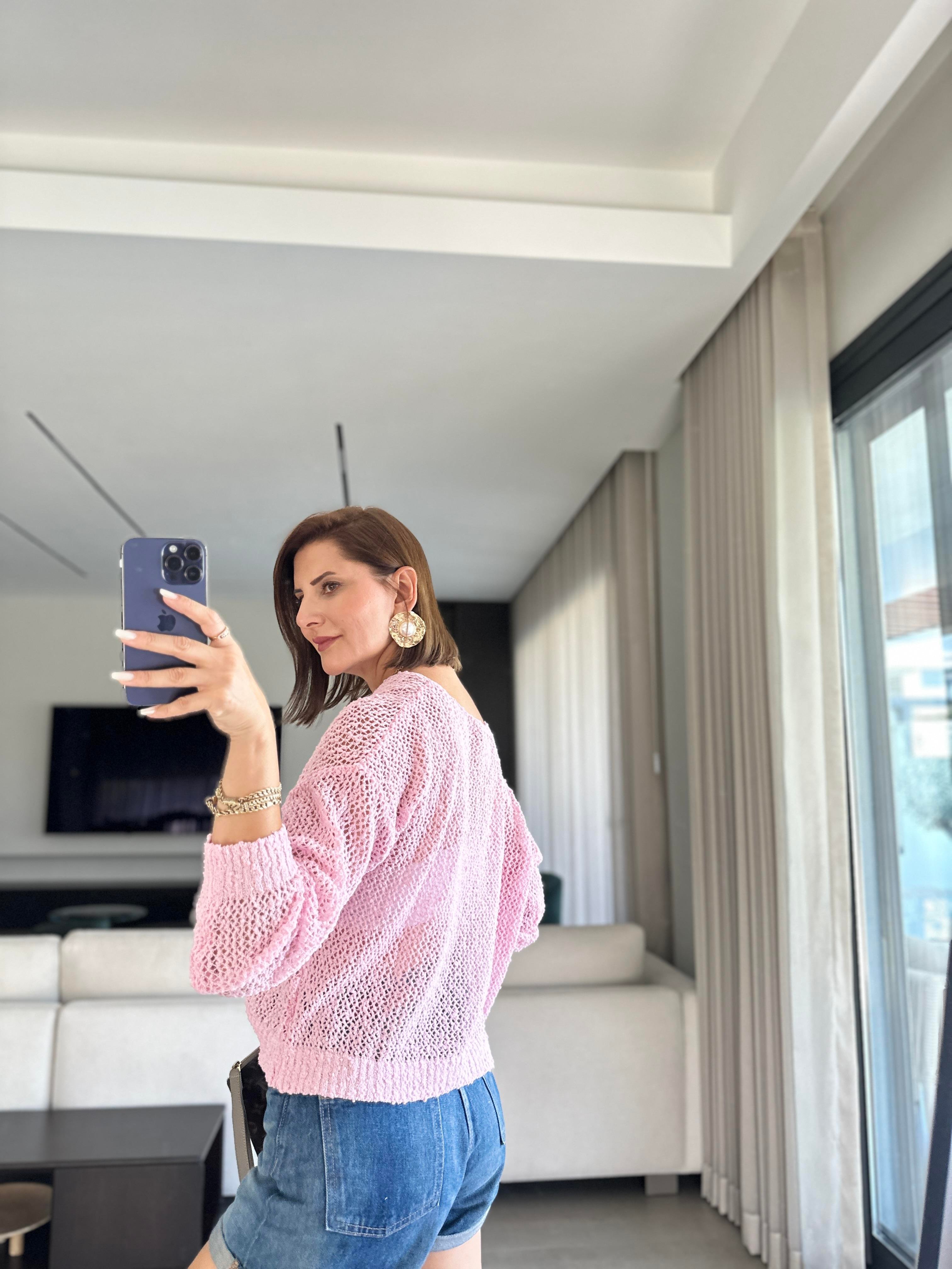 Pembe File Kayık Yaka Bluz