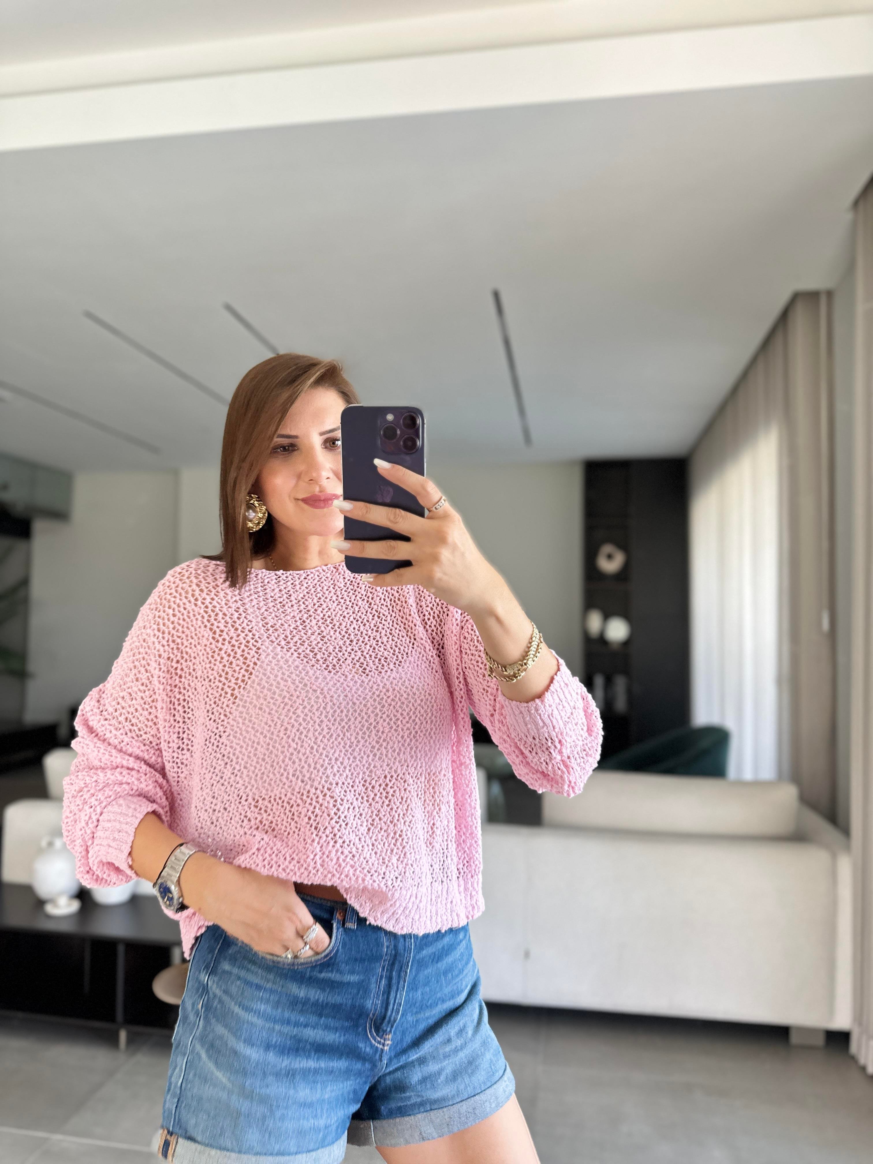 Pembe File Kayık Yaka Bluz