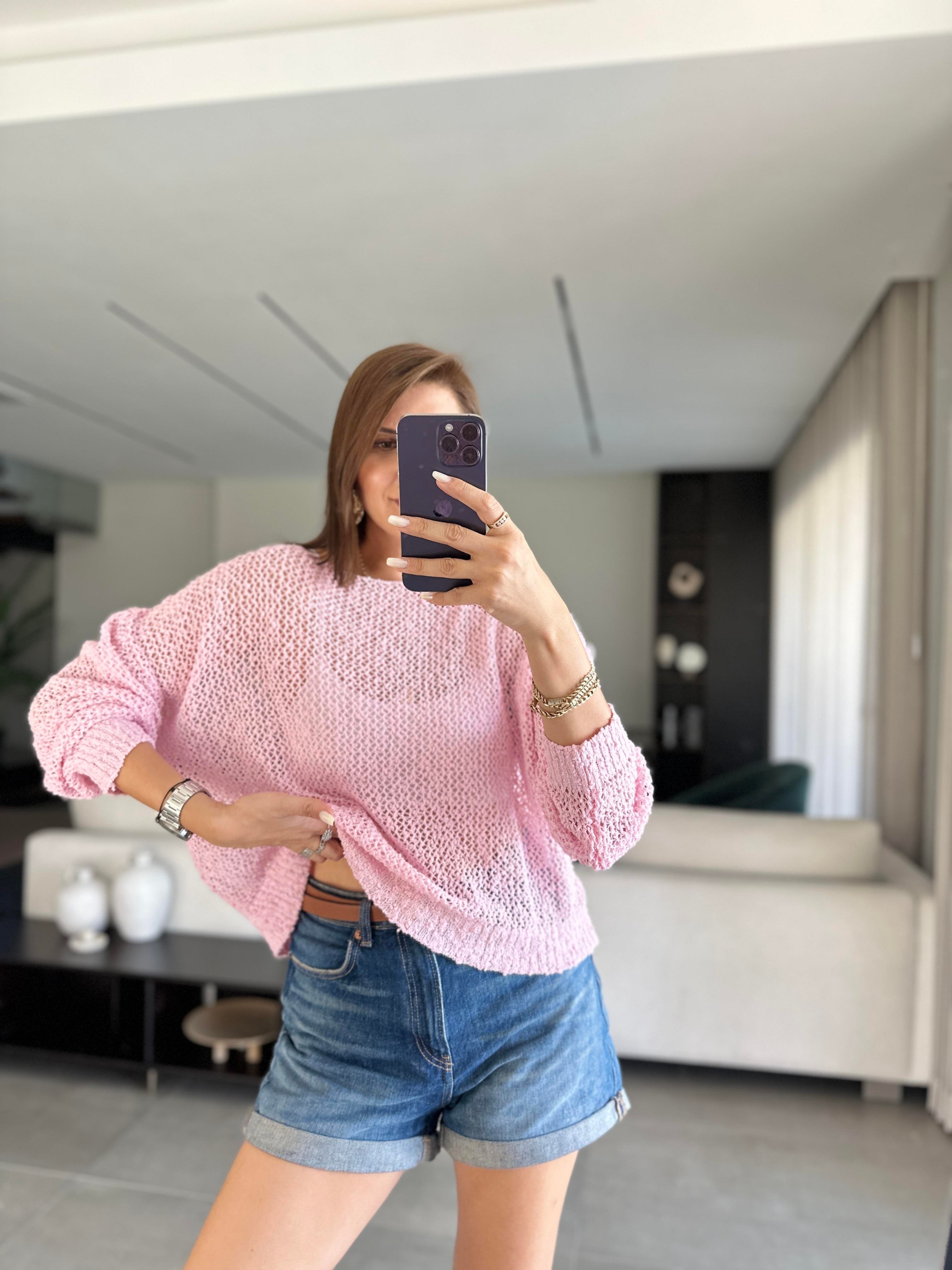 Pembe File Kayık Yaka Bluz