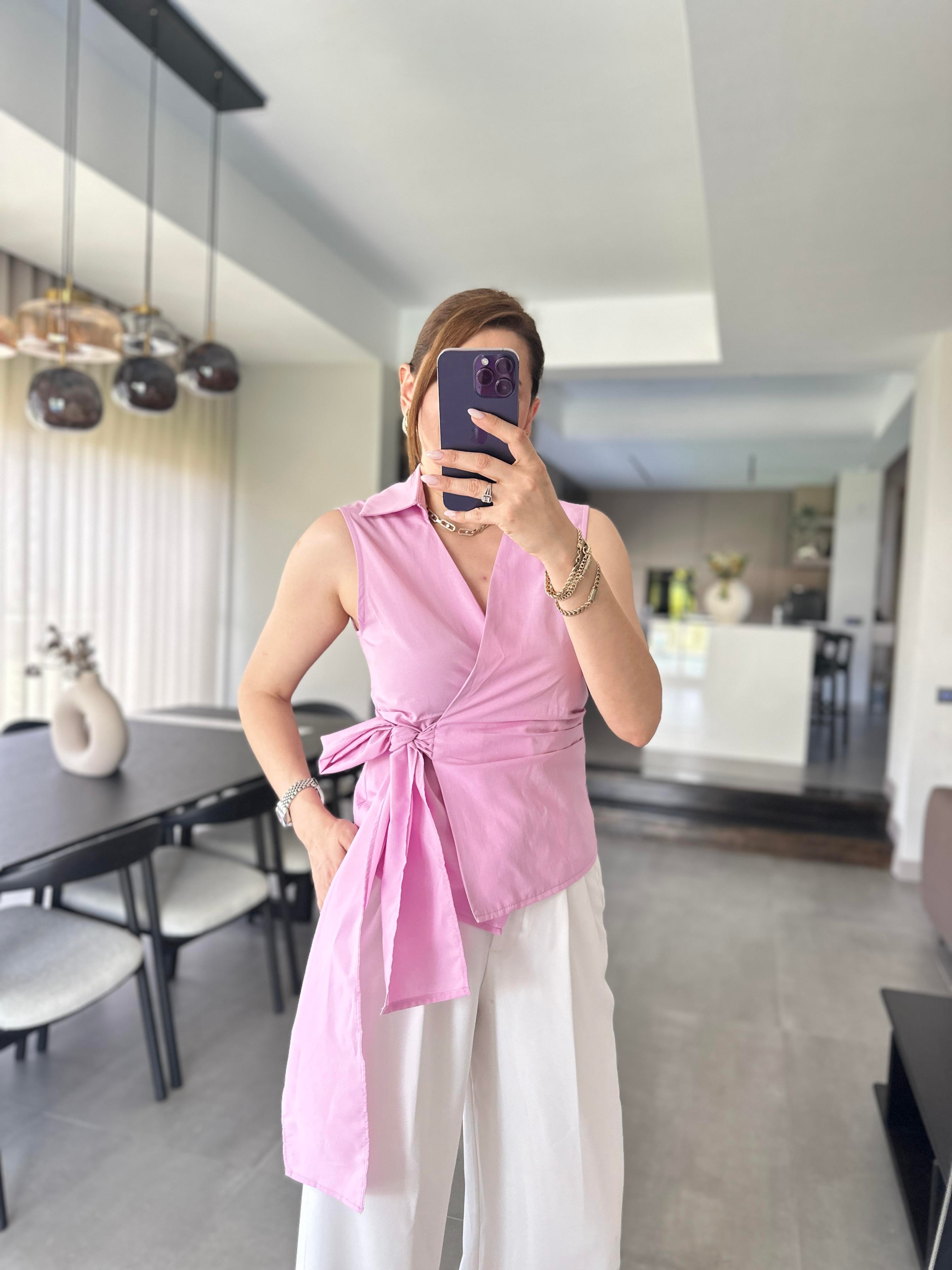 Pembe Gömlek Yaka Önü Bağlamalı Bluz