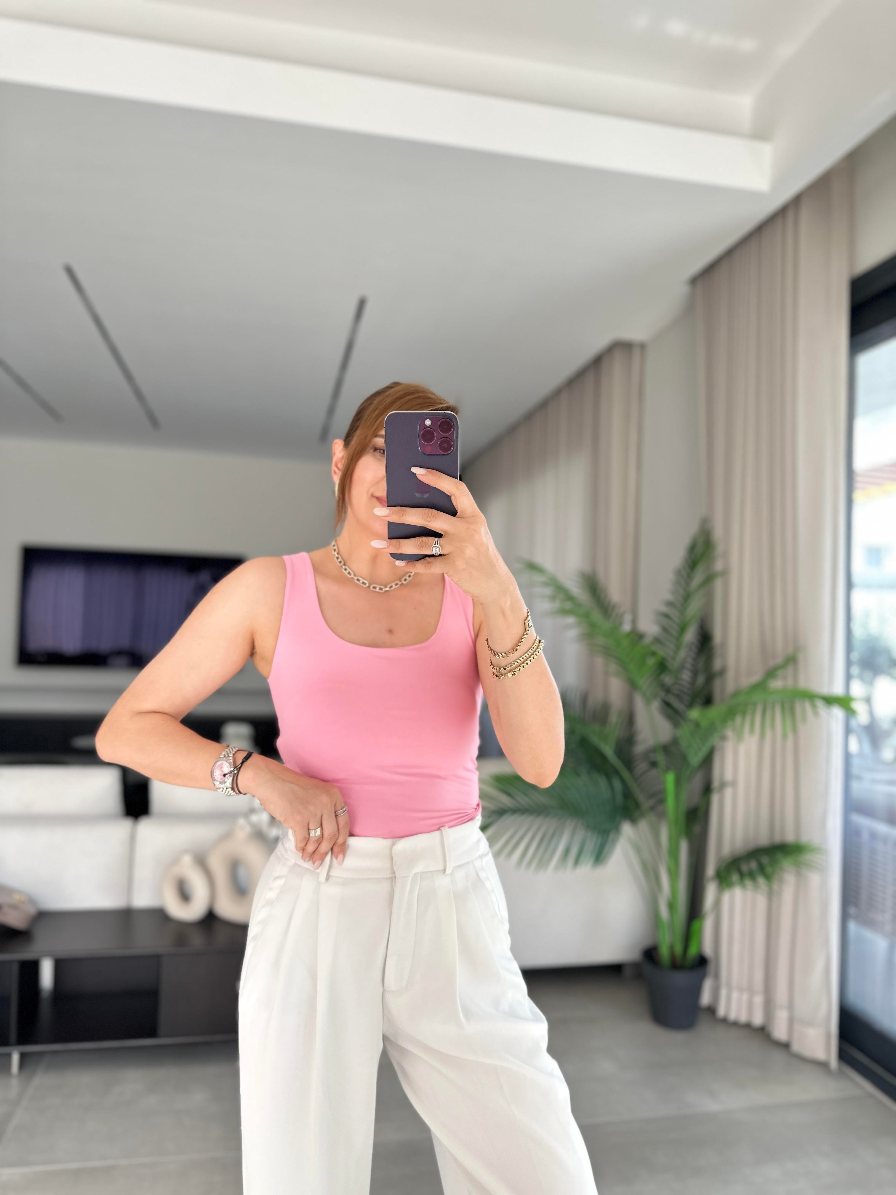 Pembe Kalın Askı Kare Yaka Atlet