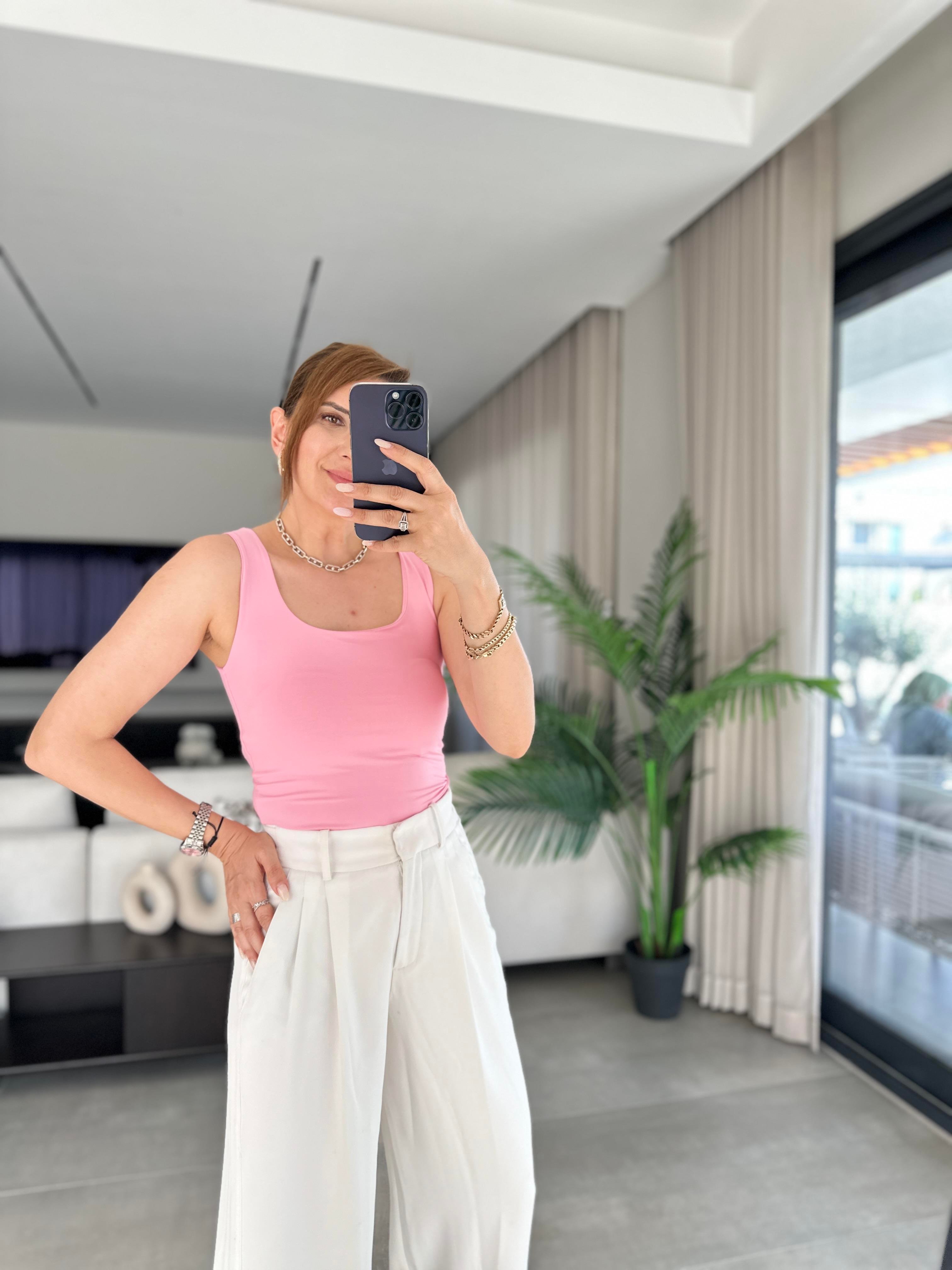 Pembe Kalın Askı Kare Yaka Atlet