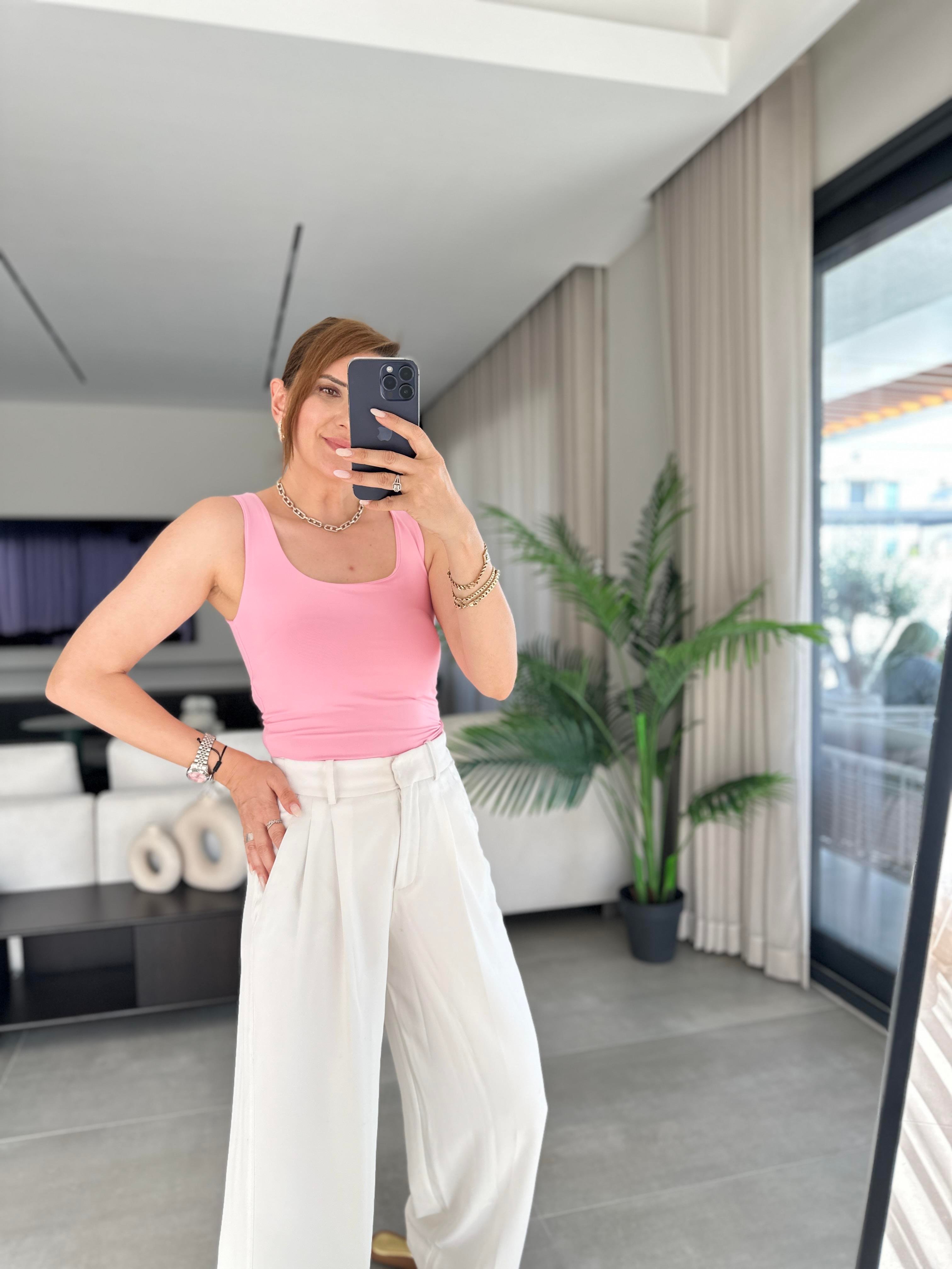 Pembe Kalın Askı Kare Yaka Atlet