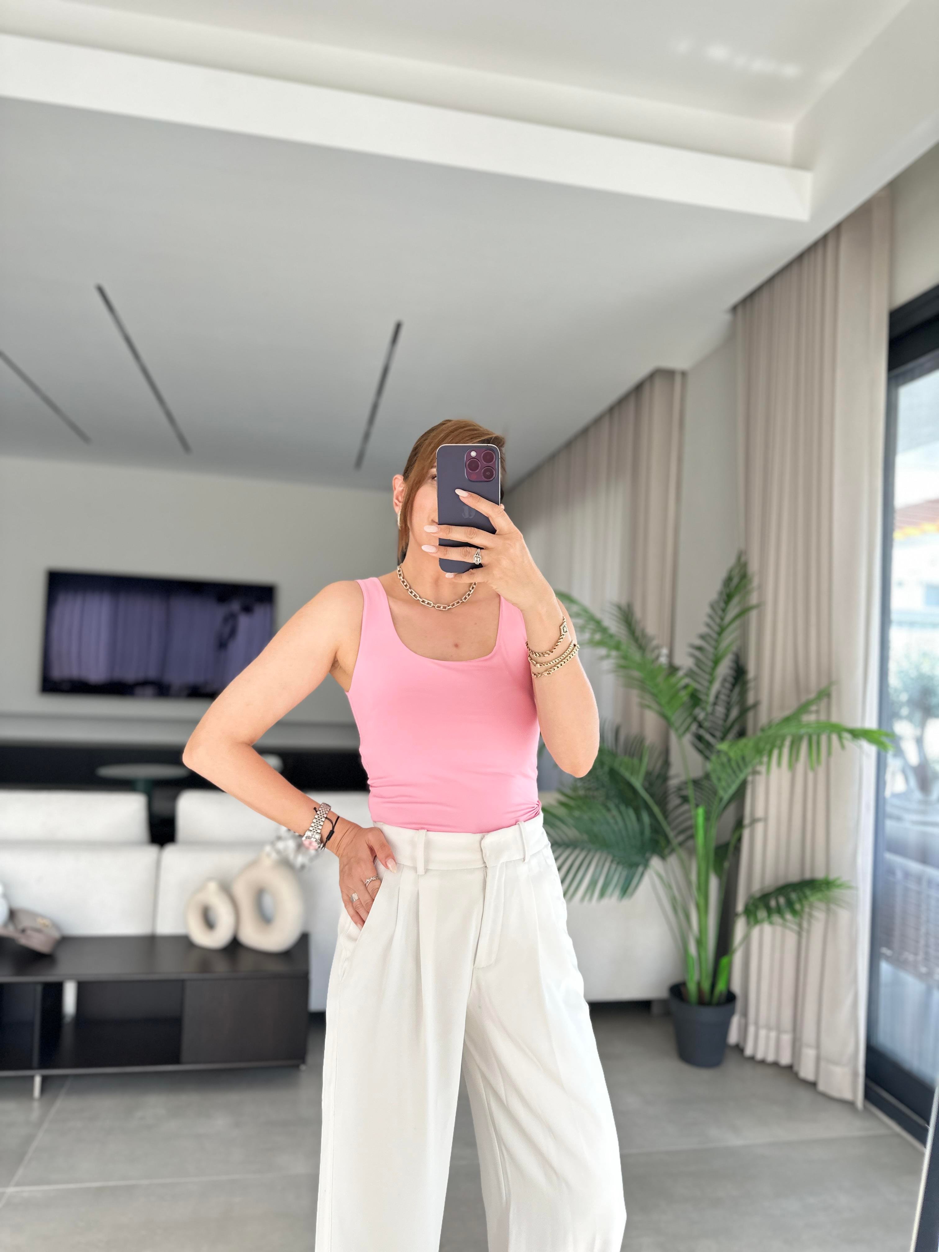 Pembe Kalın Askı Kare Yaka Atlet
