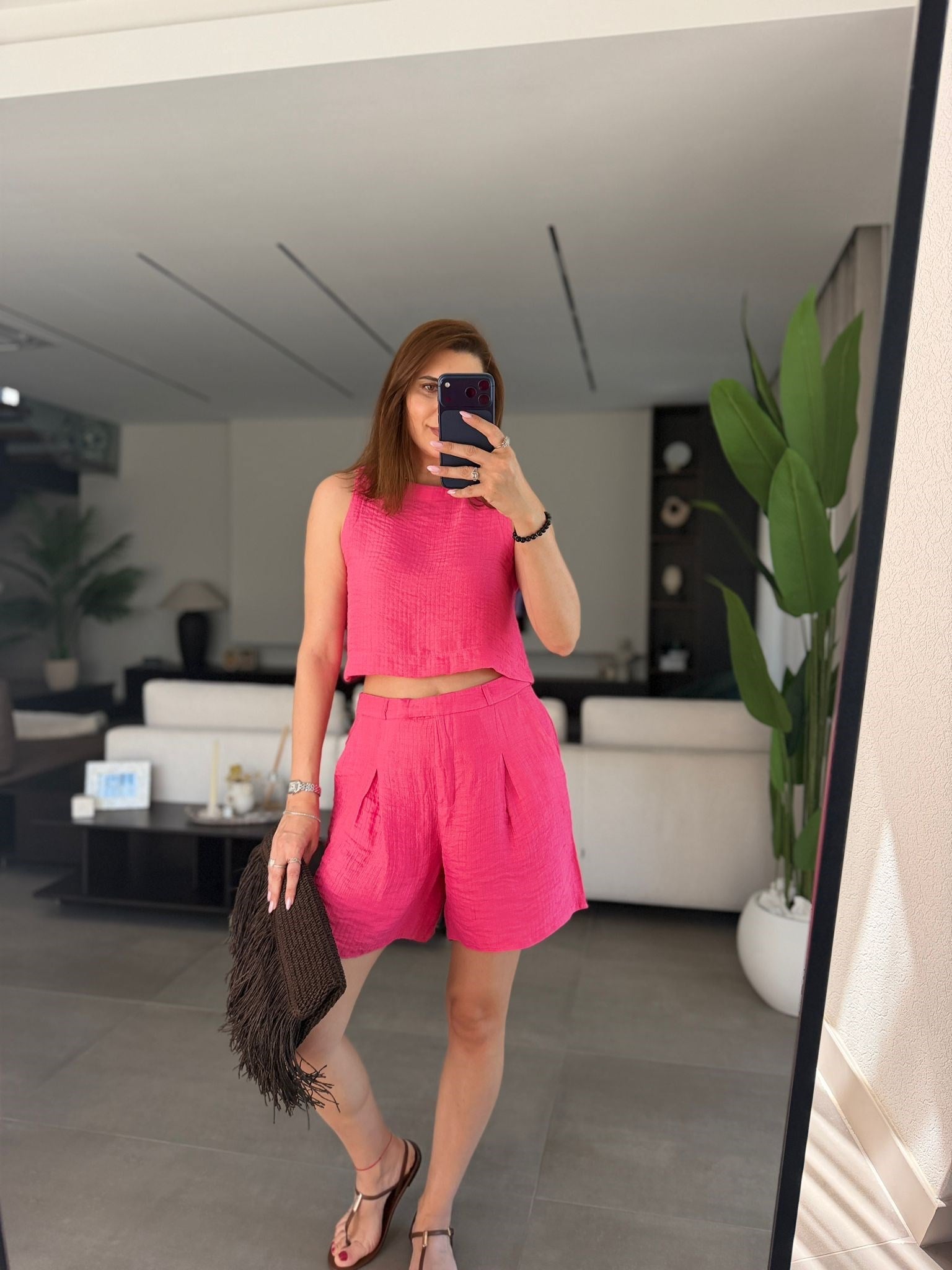 Pembe Kendinden Desenli Şort Takım