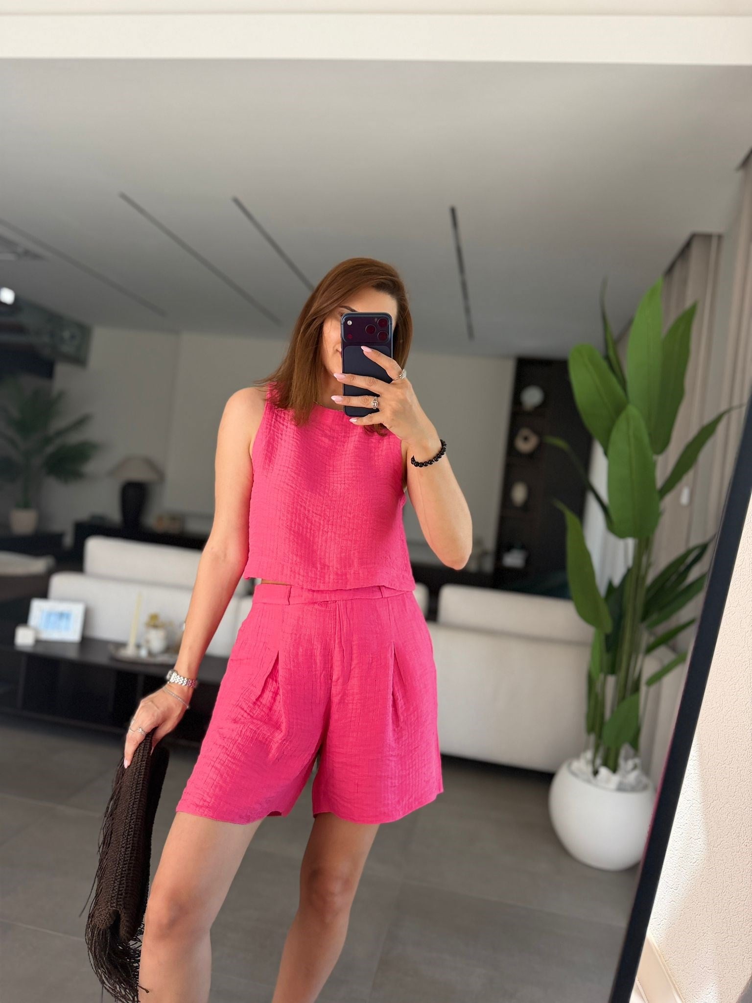 Pembe Kendinden Desenli Şort Takım